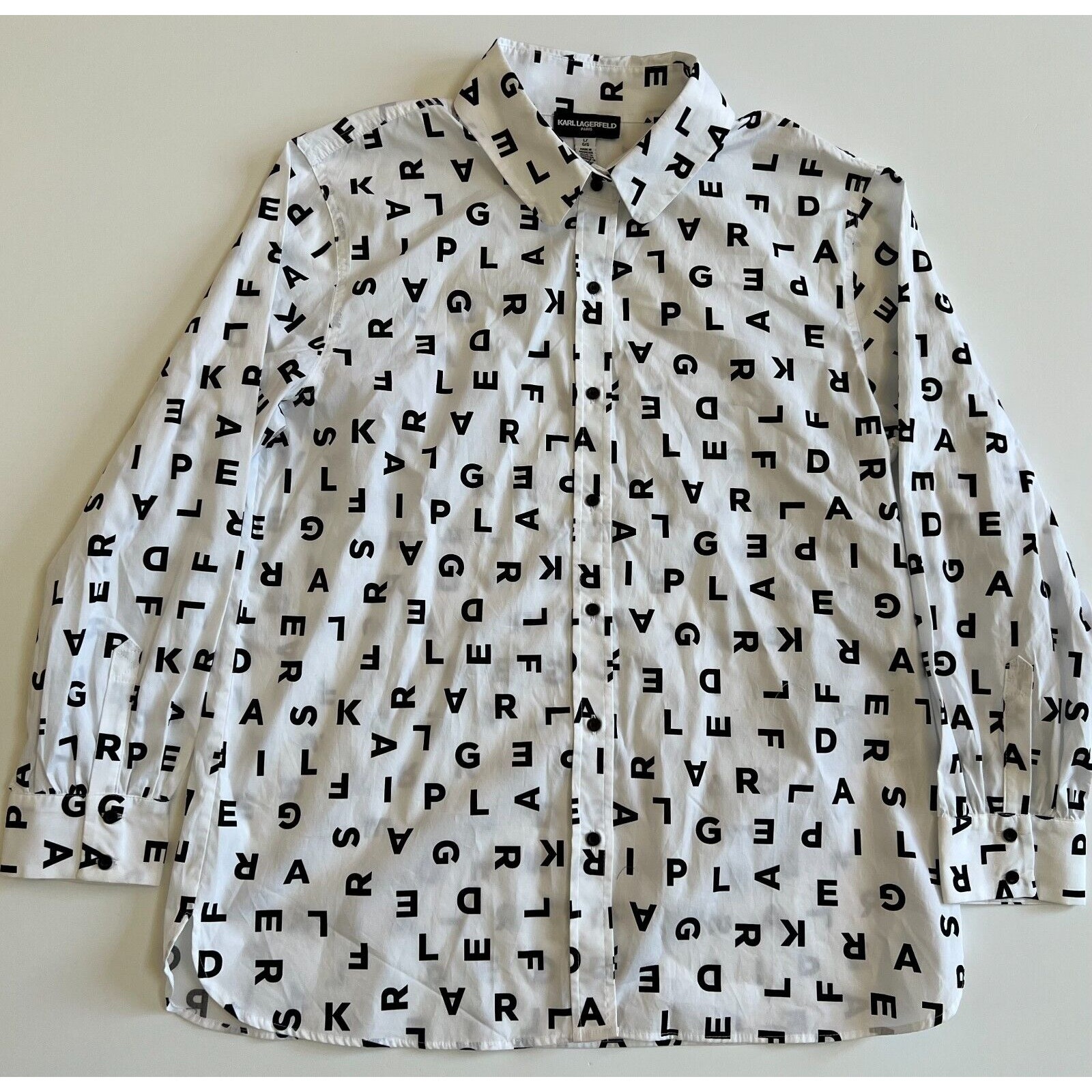 Karl Lagerfeld Paris Women's Monogram Lettering All Over Button Down Shirt L