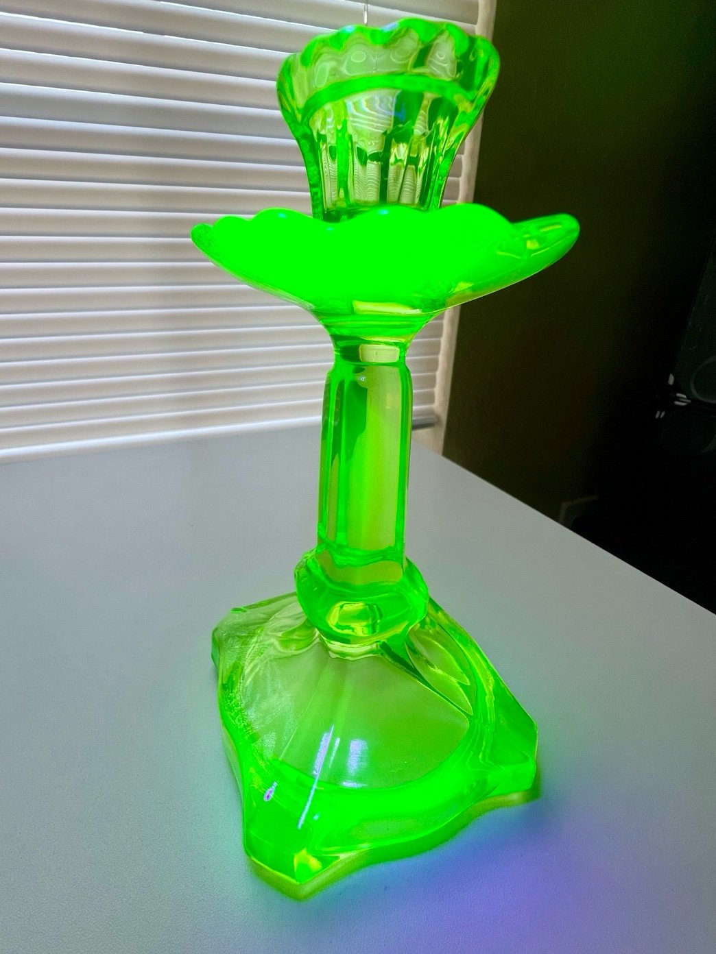 Antique Green Vaseline Uranium Glass Candle Holder Square Base 7 ¼” (180 mm)