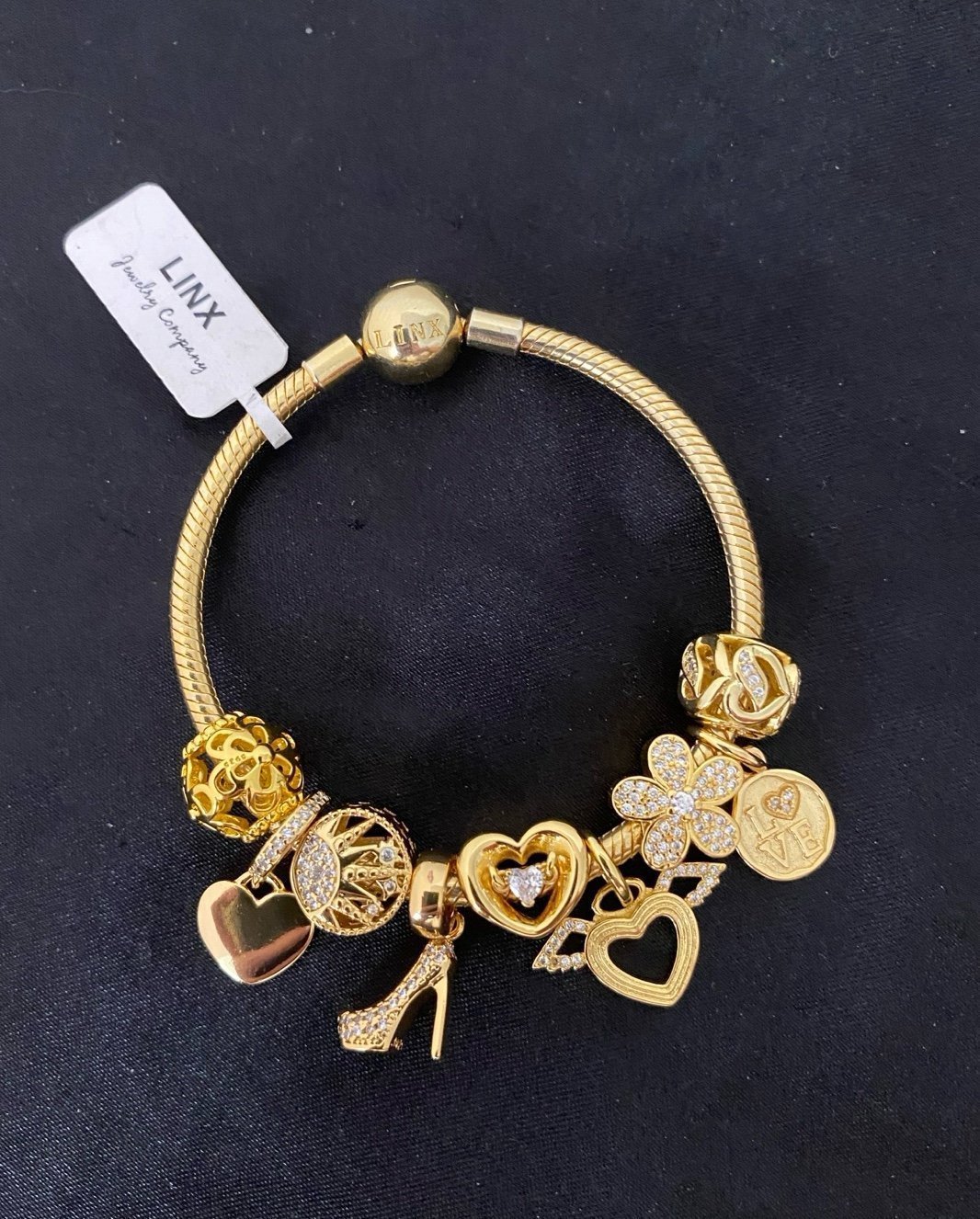 Linx Yellow Gold Snake Chain Bracelet with Gold Charms
