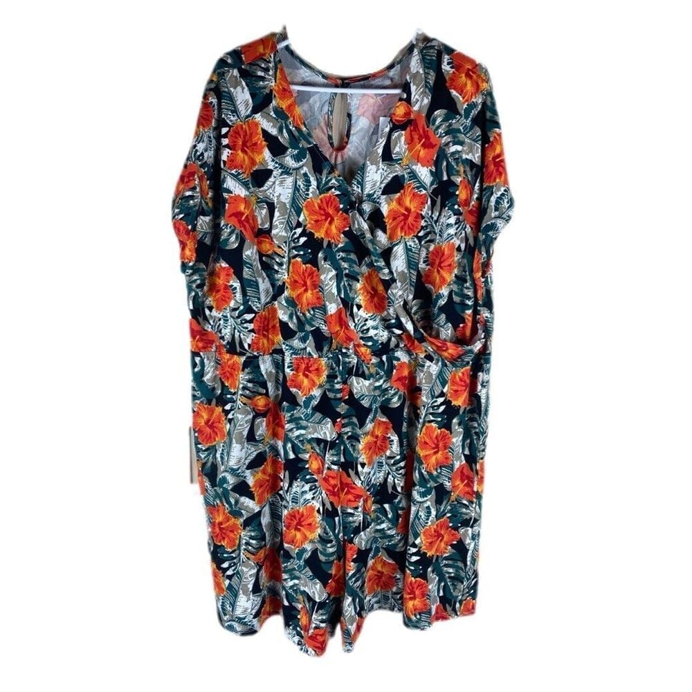 Avenue Romper Womens 26/28 Orange Black Floral Wrap Sleeveless Hawaiian Jumpsuit