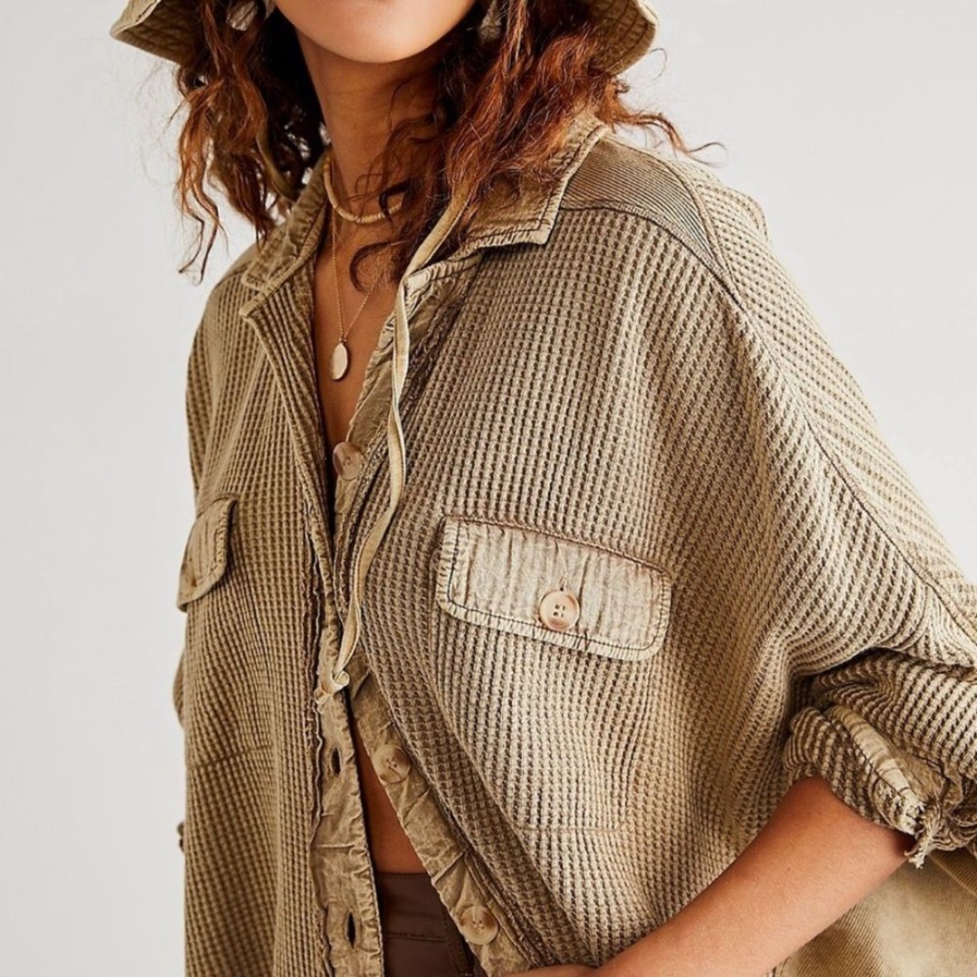 Free People Scout Shacket Womens Large Button Up Distressed Waffle Knit Grunge