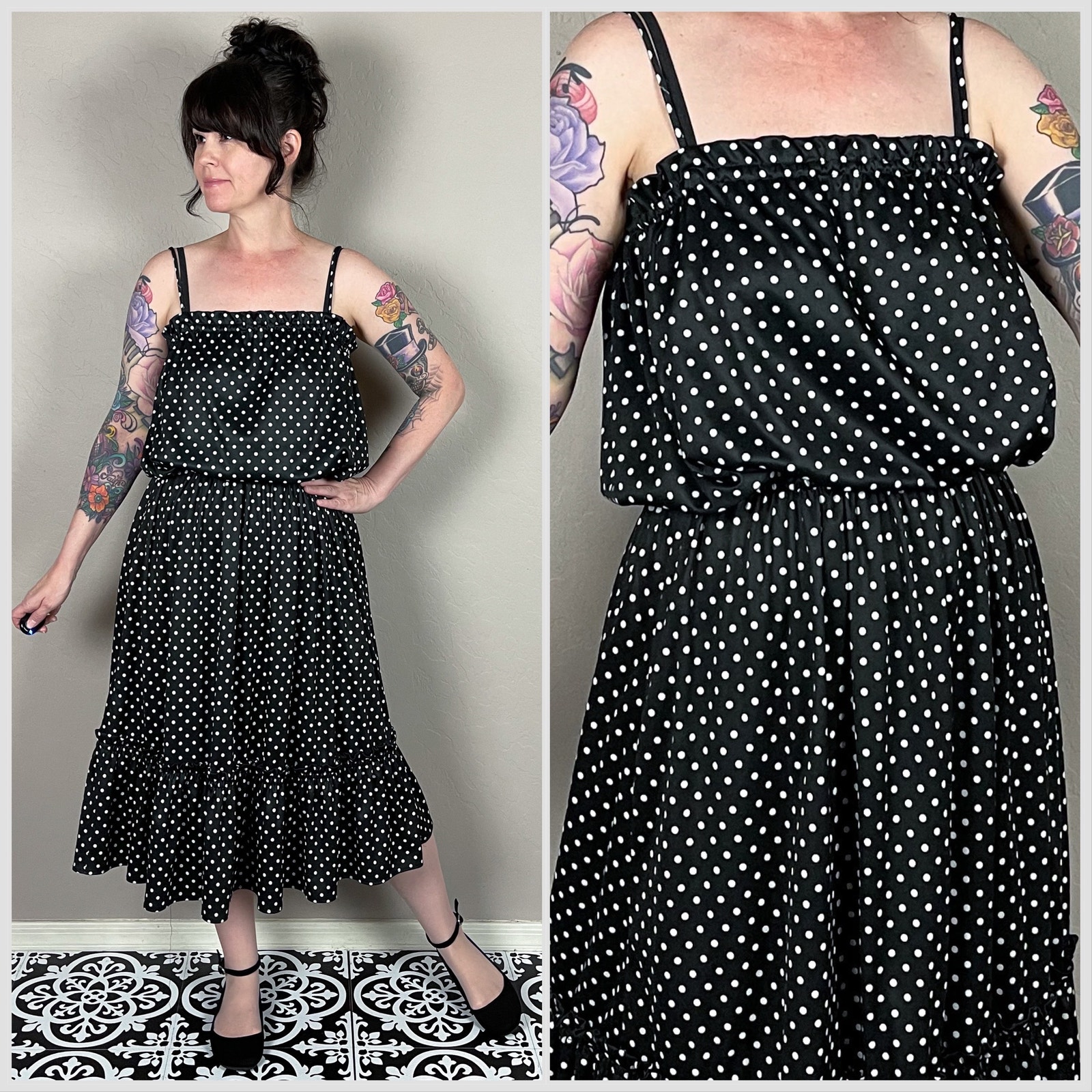 Vintage 1970s Black and White Polka Dot Blouson Sundress