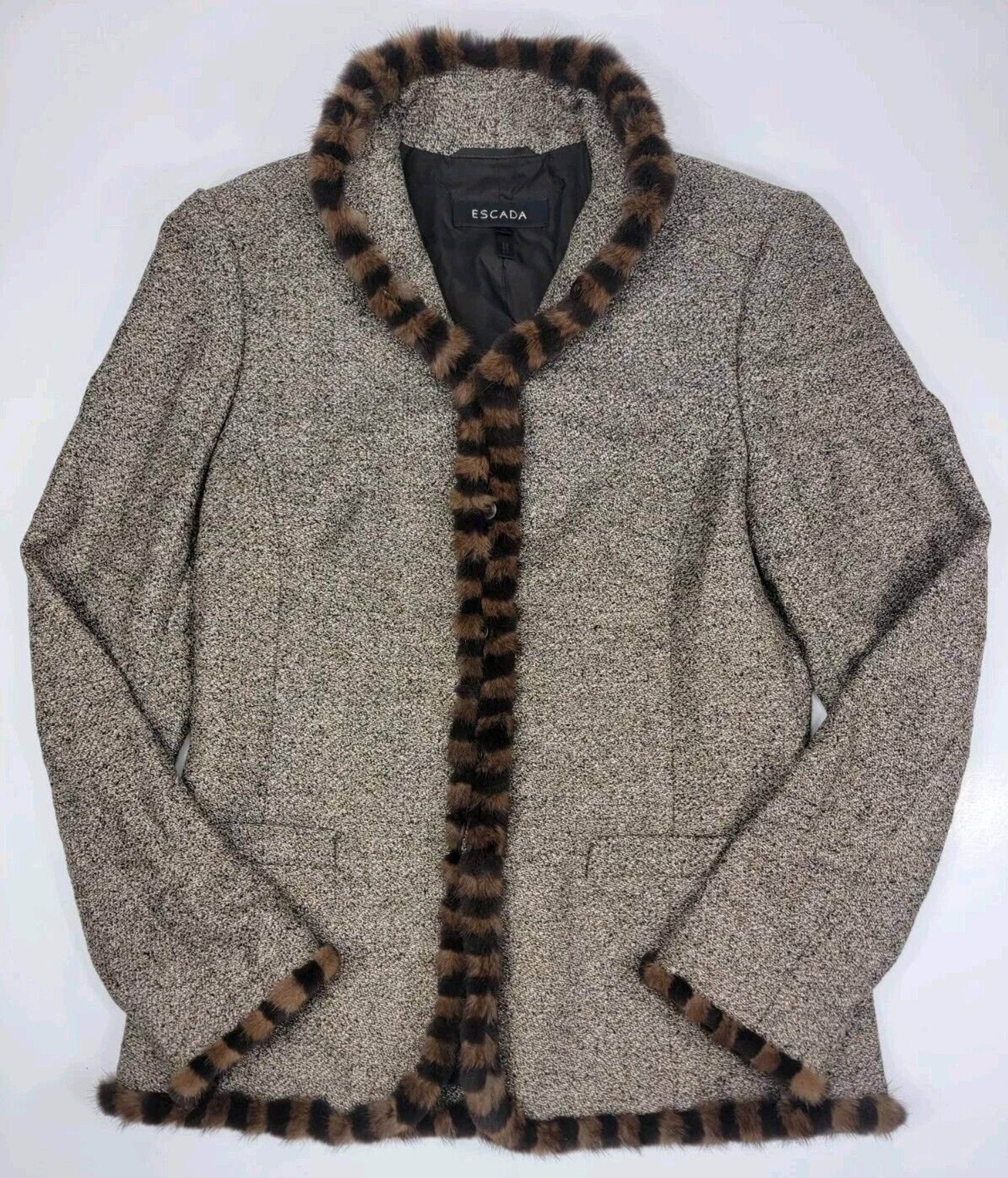 Escada Wool Alpaca Blend Jacket Mink Fur Trim Brown Tweed Size 36 - US 6 - Small
