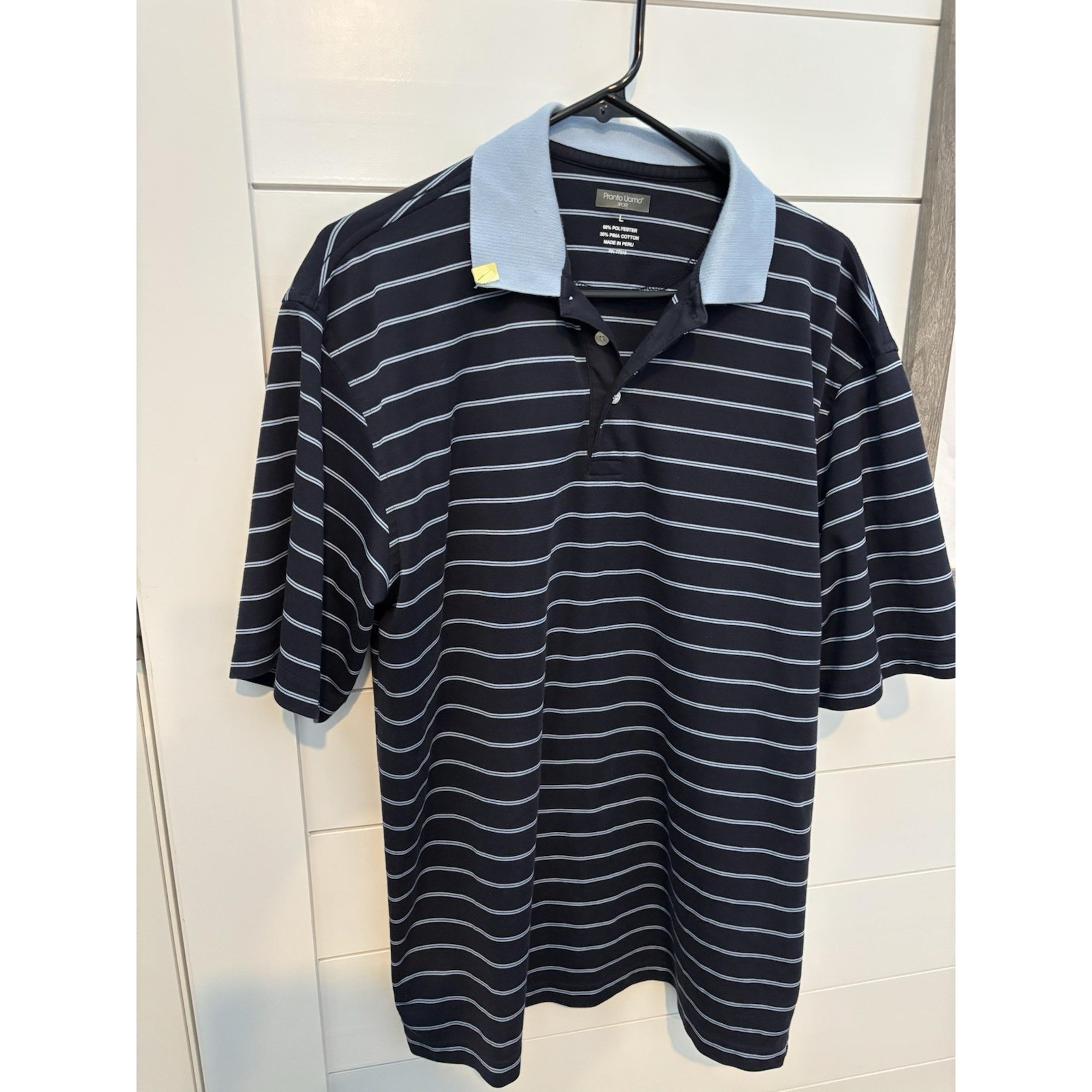 Mens Polo Shirt Size L Striped Baby Blue Brown Pima Cotton Sport - Pronto Uomo