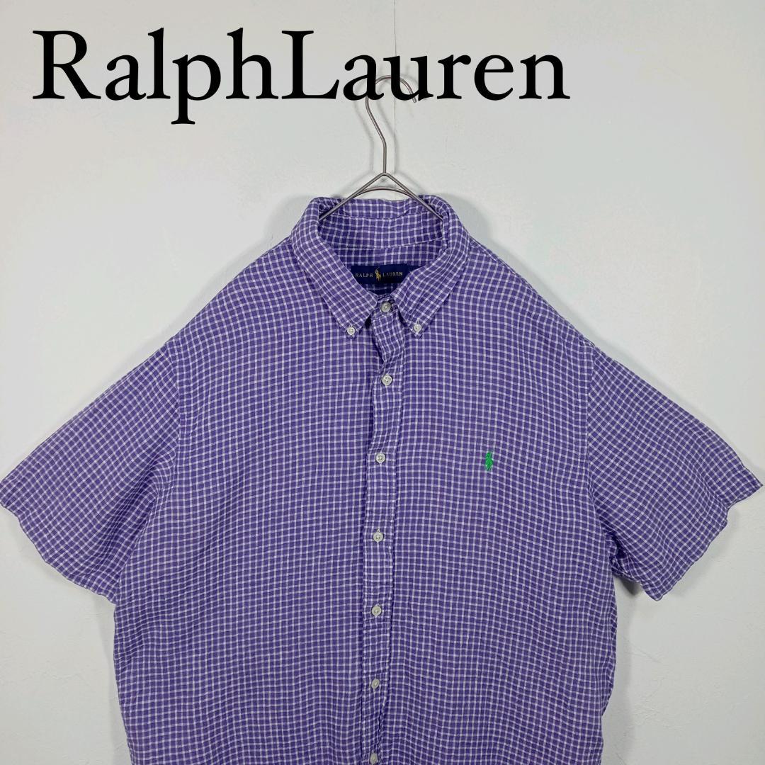 Ralph Lauren Purple Check Short Sleeve Button Down Linen Shirt XL