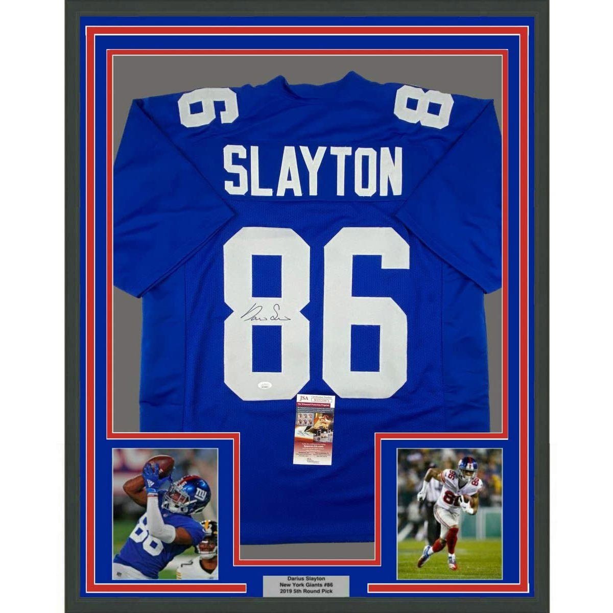 Framed Autographed/Signed Darius Slayton 35x39 New York Blue Jersey JSA COA