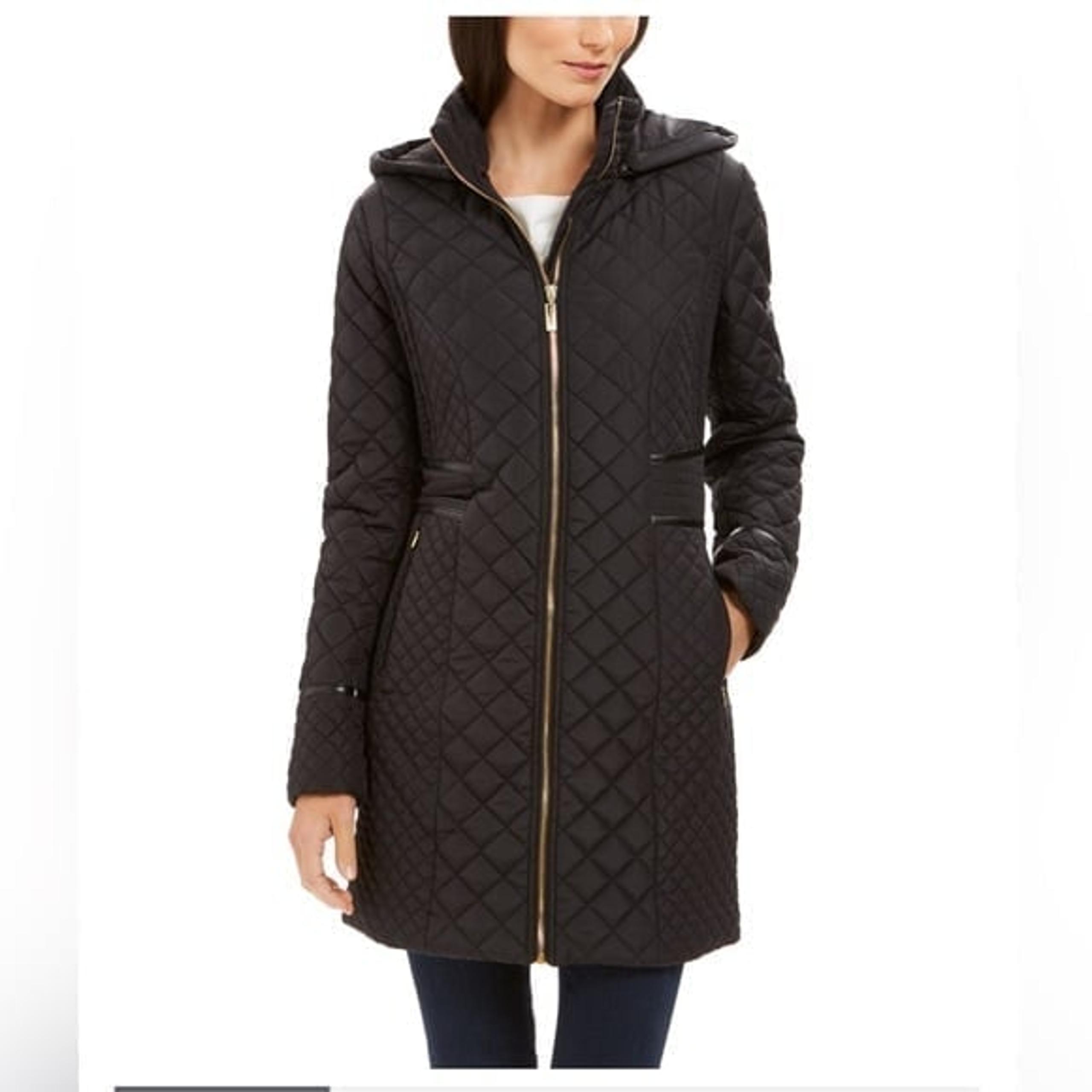 New $220 Via Spiga Hooded Faux-Leather-Trim Quilted Coat Sz Small