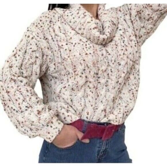 Moon & Madison Womens S Cream Cowl Neck Speckled Knit Chunky Preppy Fisherman