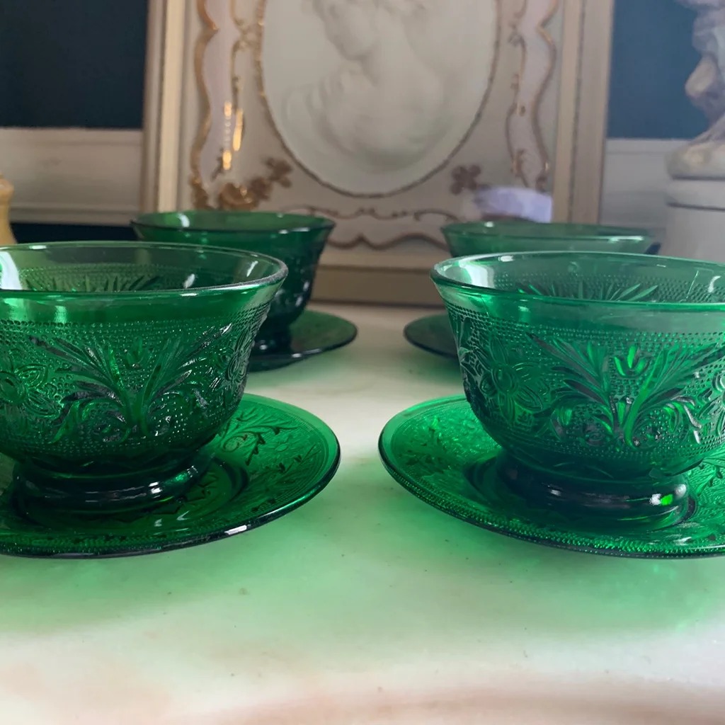 Vintage Anchor Hocking Forest Custard Cups w/Saucers