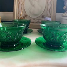 Vintage Anchor Hocking Forest Custard Cups w/Saucers