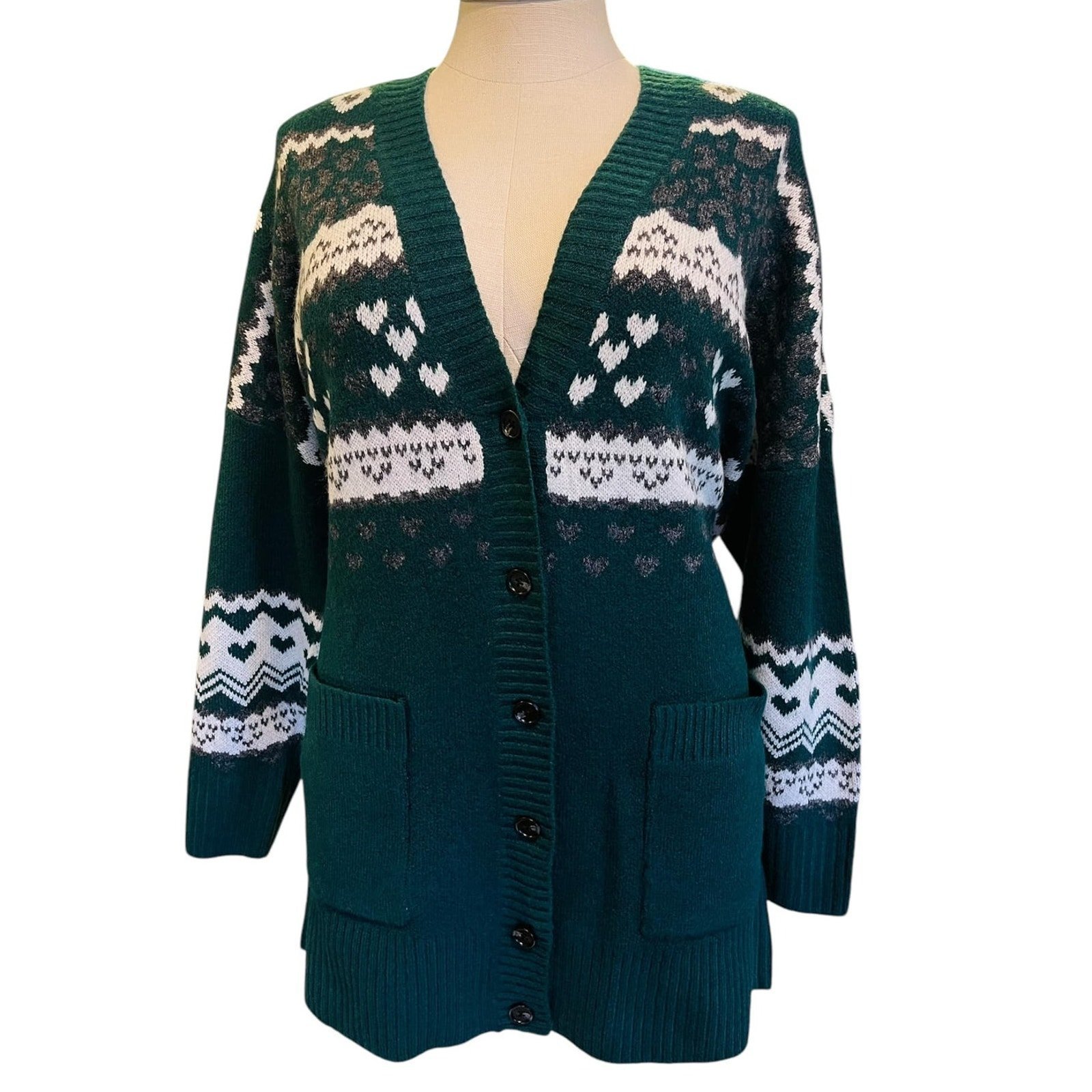 Torrid 3 (3X) Green Hearts & Leopard Fair Isle Vegan Cashmere Cardigan Sweater
