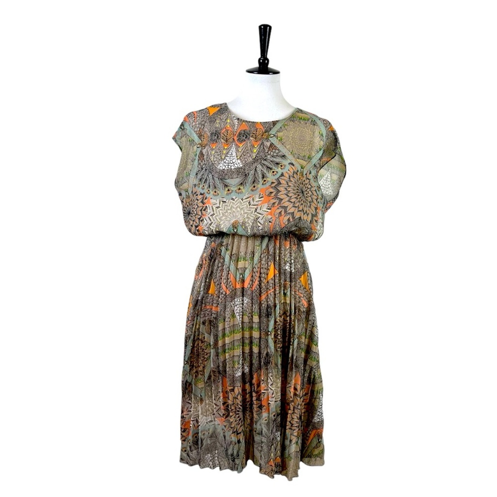 Sabine Anthro Dress Blouson Pleated Chiffon Taupe Multi Print Women Size Medium