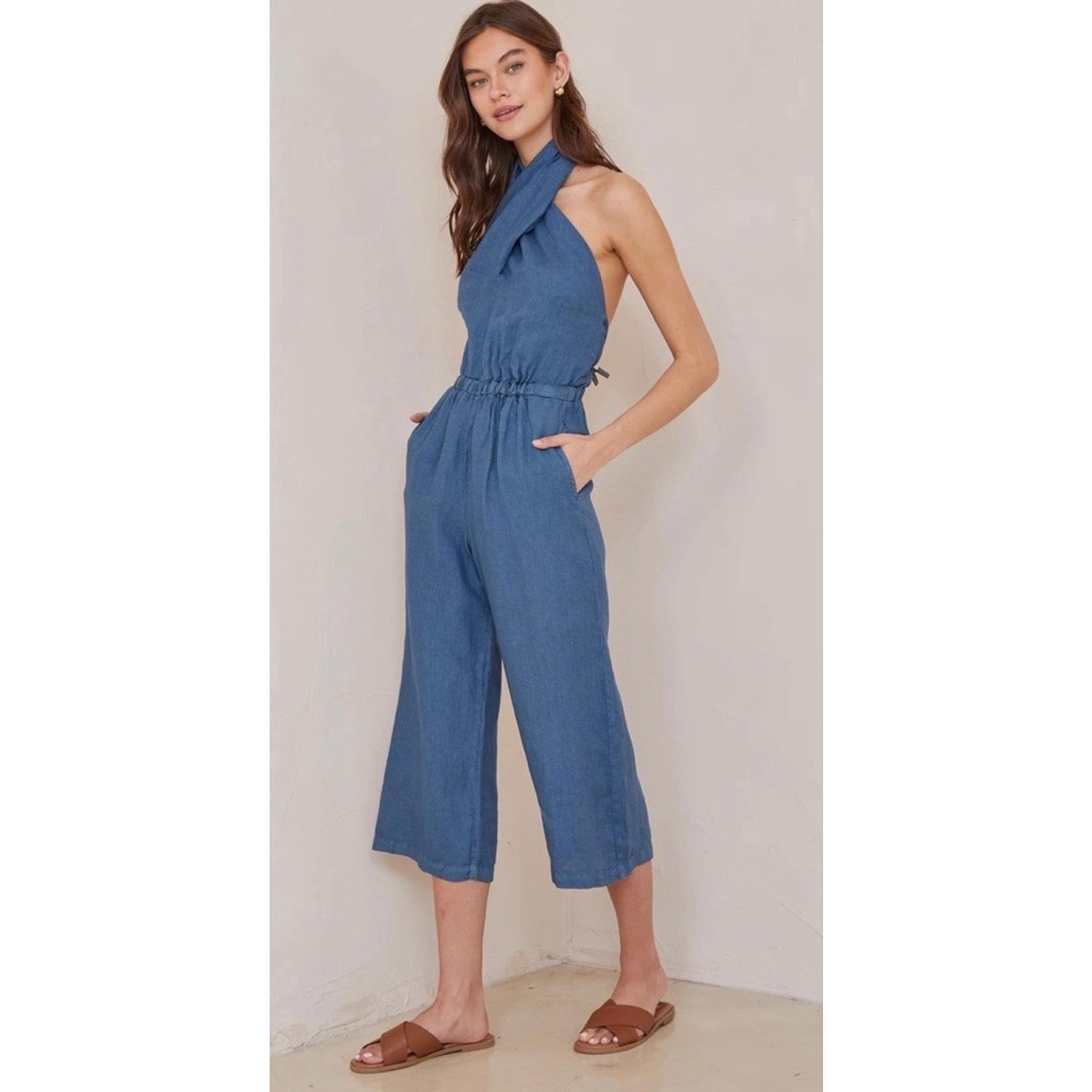 New XS Jumpsuit 100% Linen Denim W/ Pockets Halter Wrapped Neck Rare - Bella Dahl