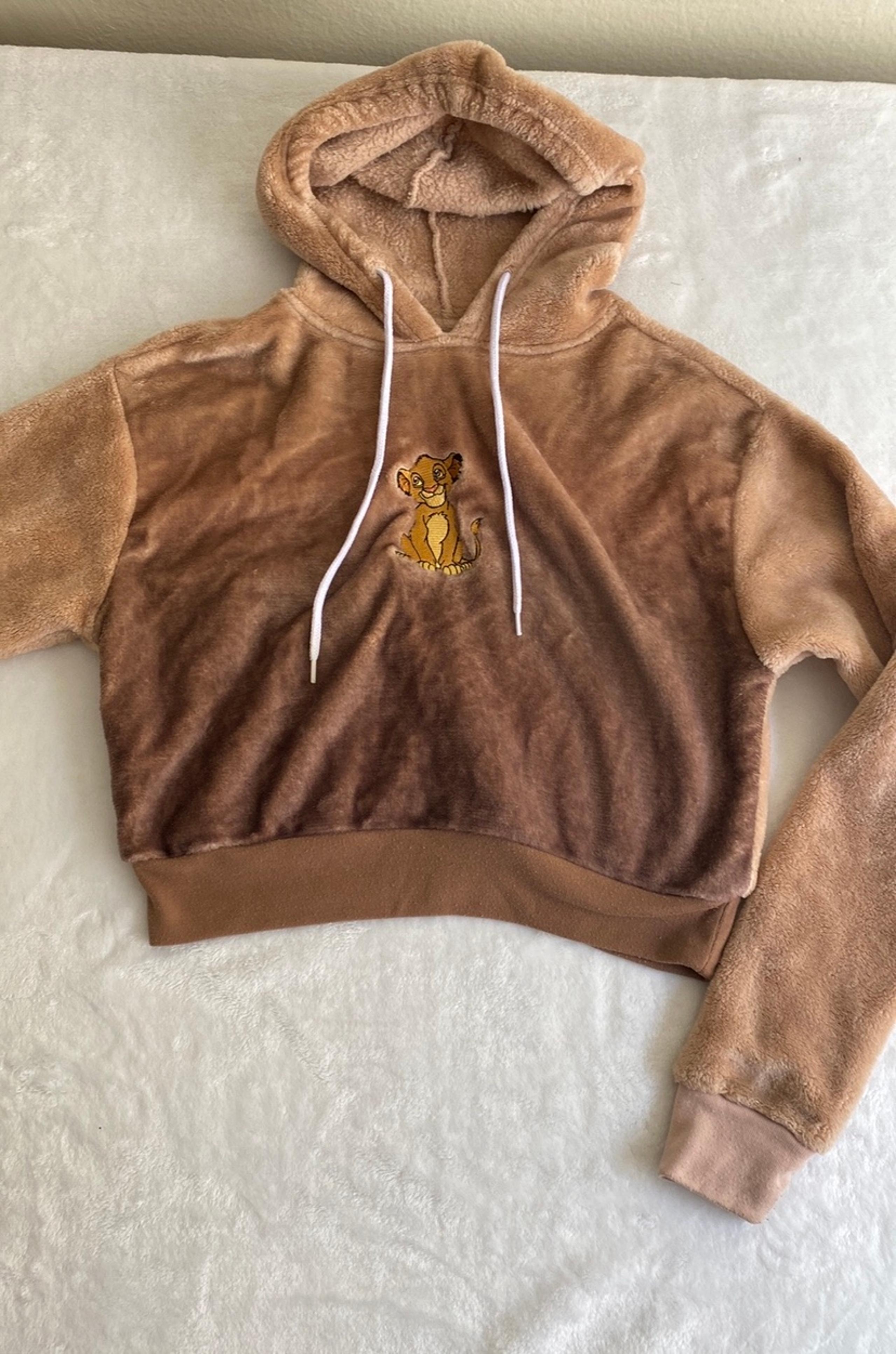 Disney Brown Fleece Cropped Hoodie with Embroidered Lion Size XS