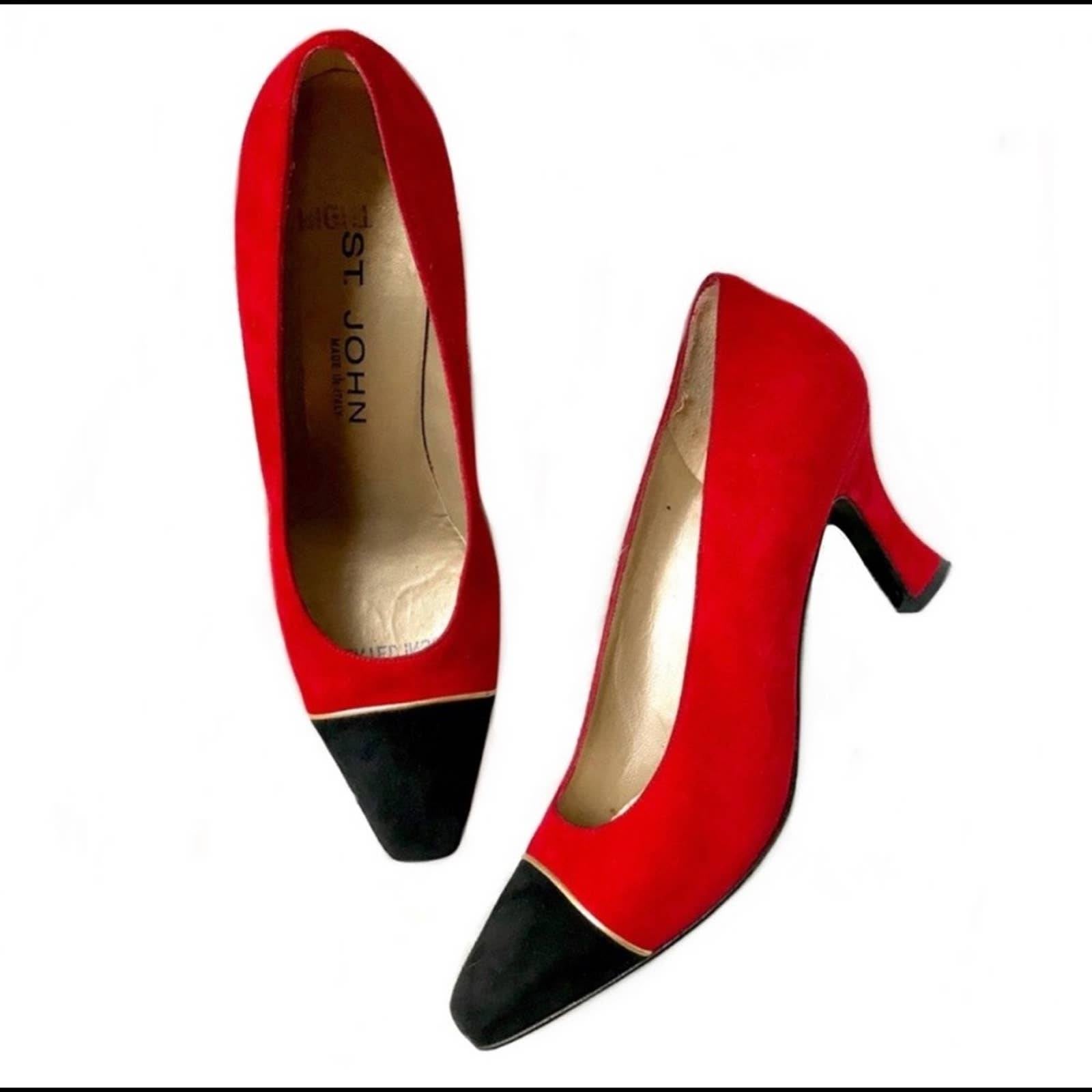 St. John Red & Black Block Heels Suede