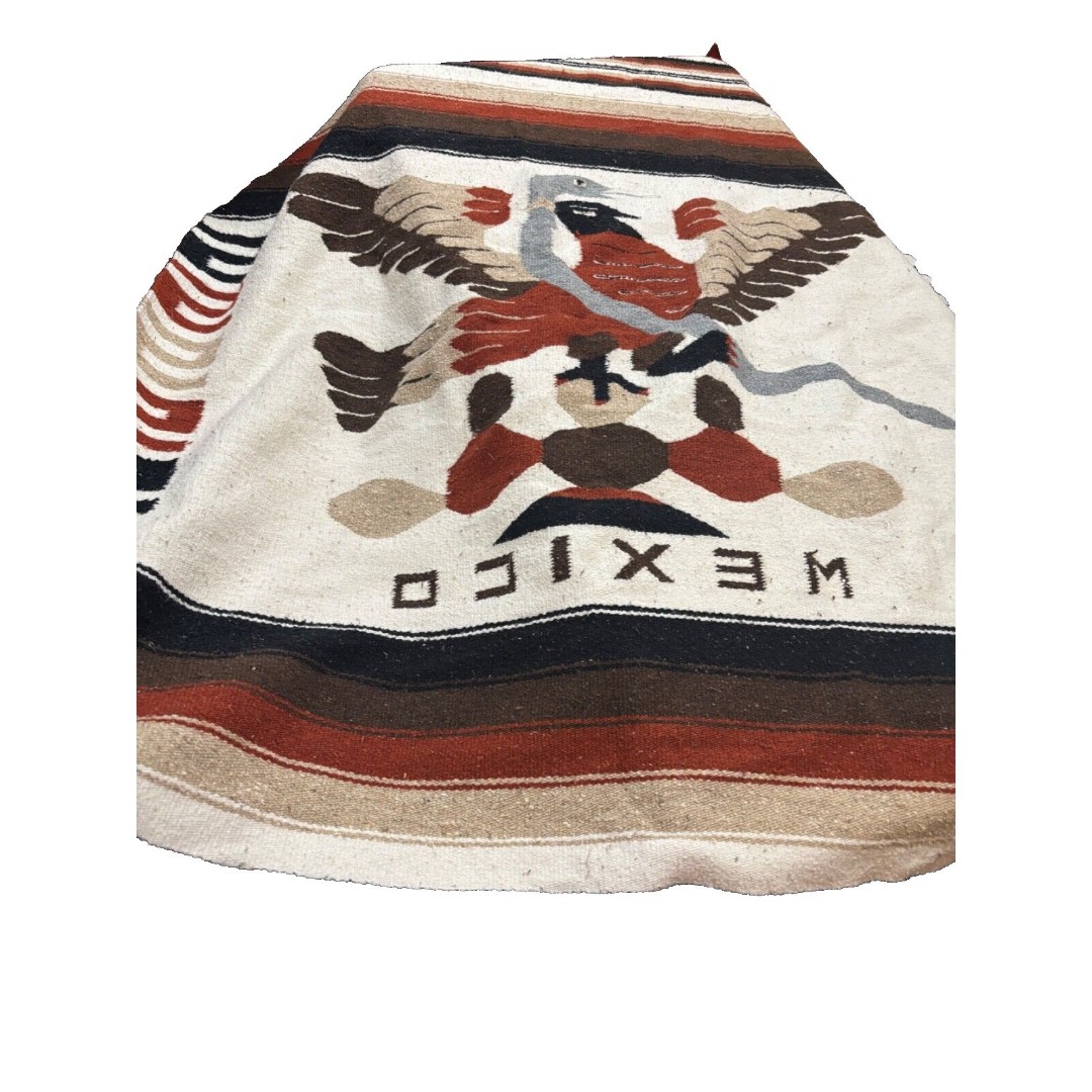 Vtg Mexican Serape Woven Wool Blanket Poncho Rug Thunderbird & Snake Striped