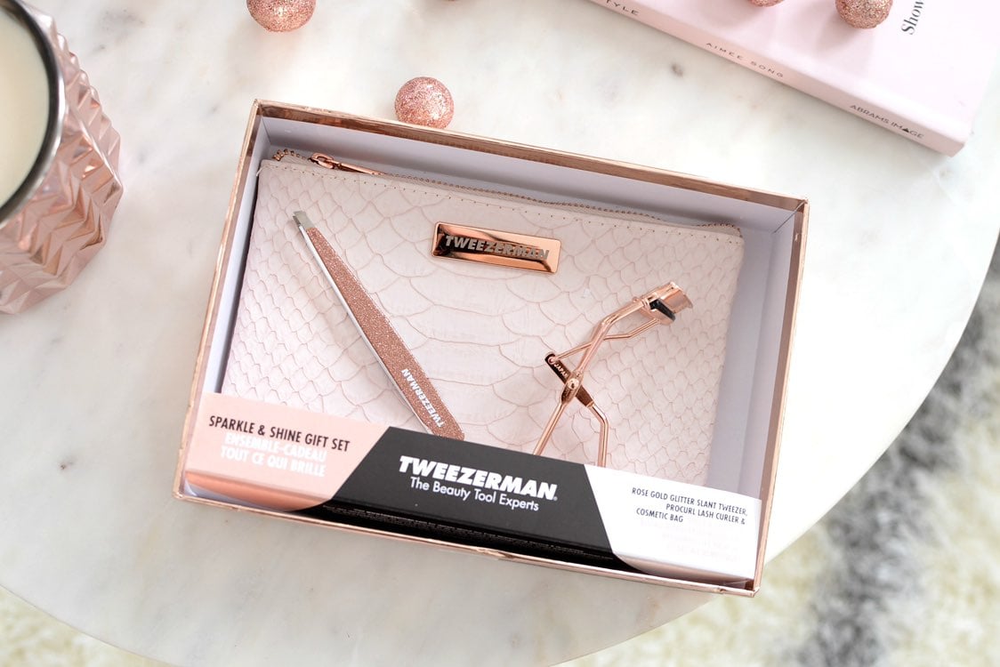 Tweezerman Sparkle & Shine Gift Set Rose Gold Tweezers Eyelash Curler Makeup Bag