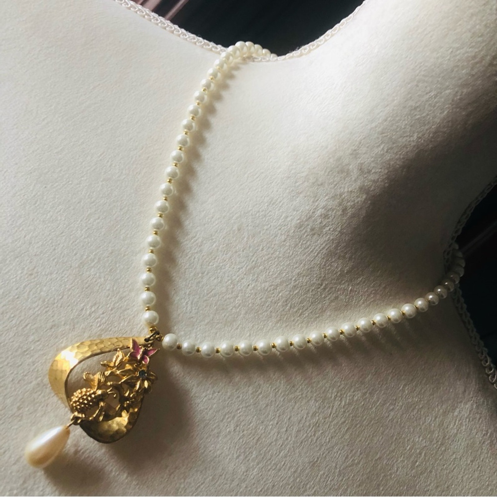Handcrafted repurpose hammered gold floral pendant Czech glass Pearl necklace