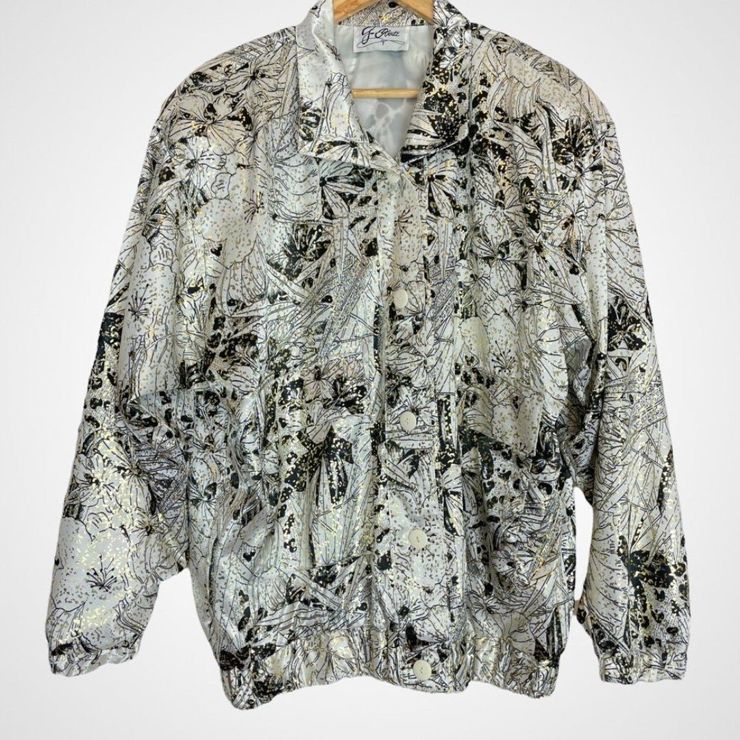 Vintage Jacket Coat Sparkle Floral Black White Bingo Night Grandma Vegas Gold