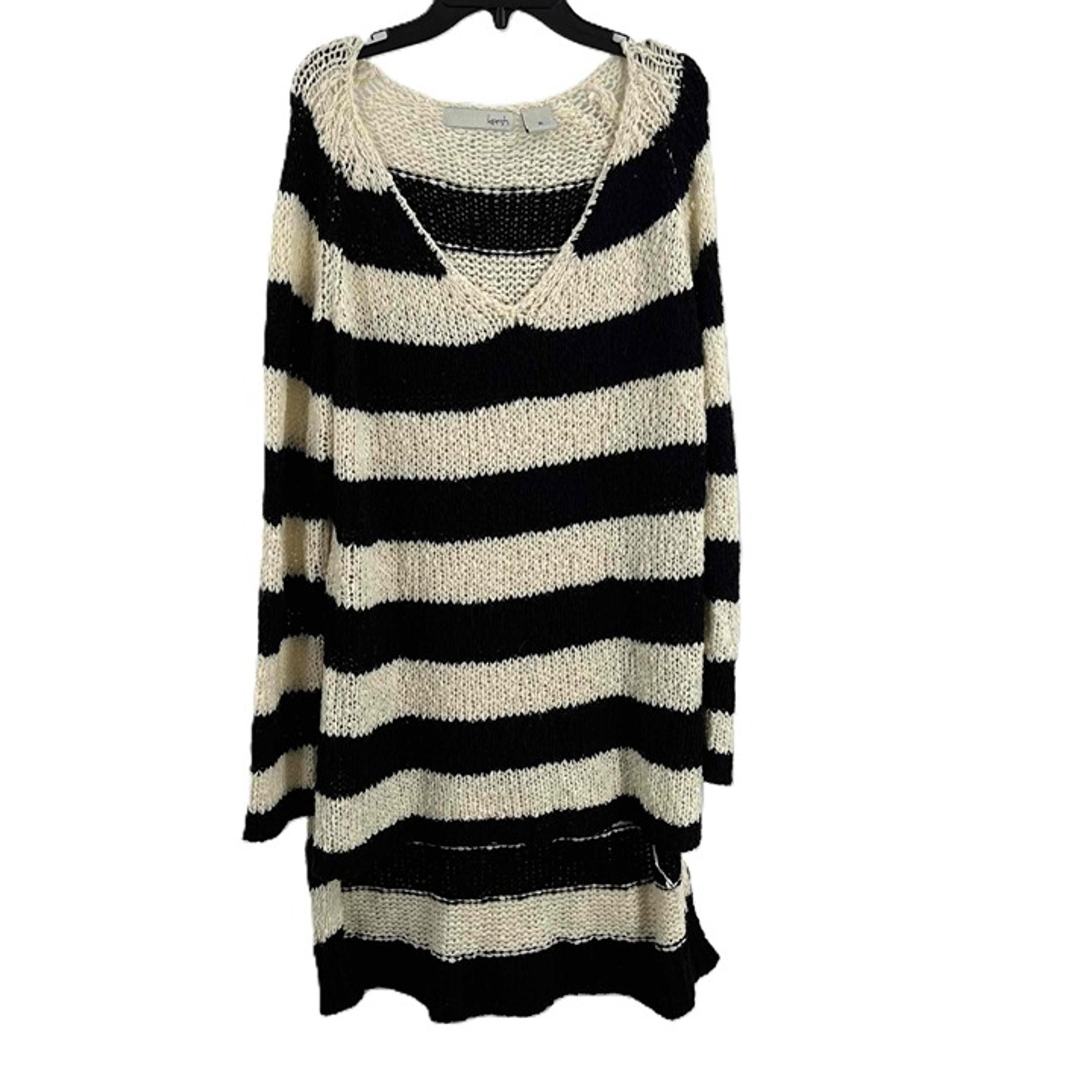 Kersh Black White Striped Open Knit V Neck Hi Low Hem Lightweight Sweater XL