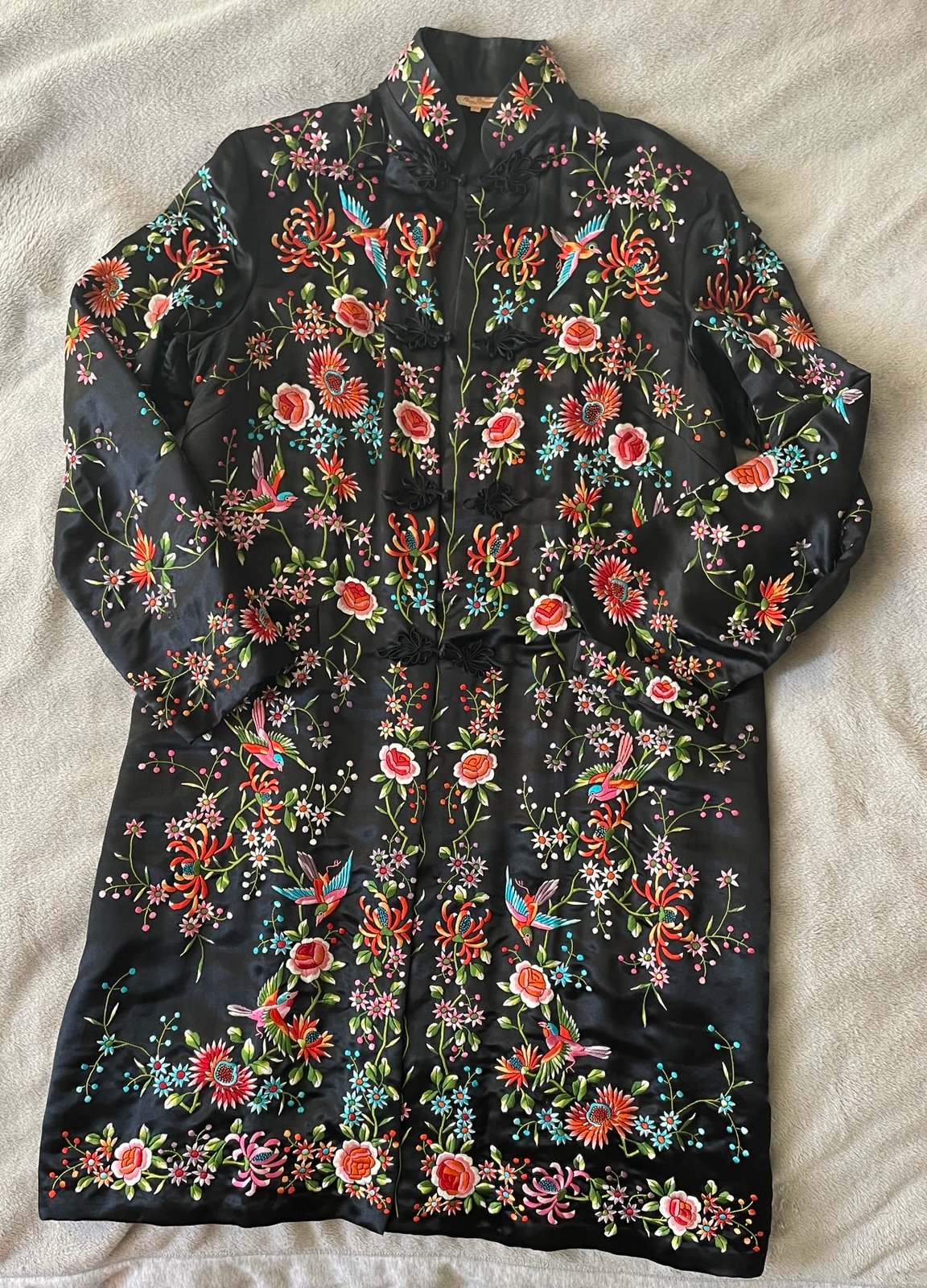 Chinese vintage hand embroidered black jacket with flowers birds
