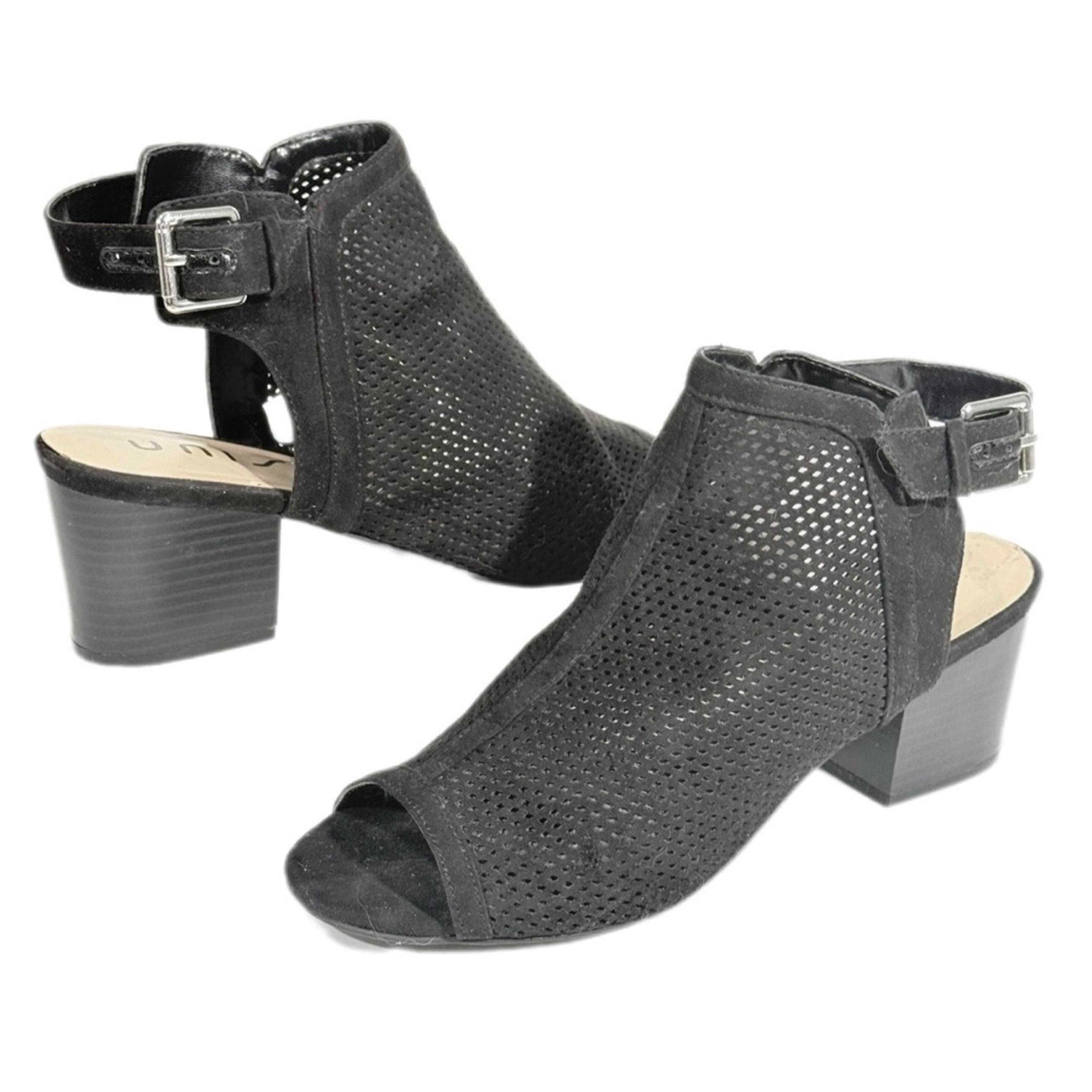 Unisa Black Peep-Toe Ankle Bootie 2.5” Block Heel Sling Back Adj Buckle Sz 8
