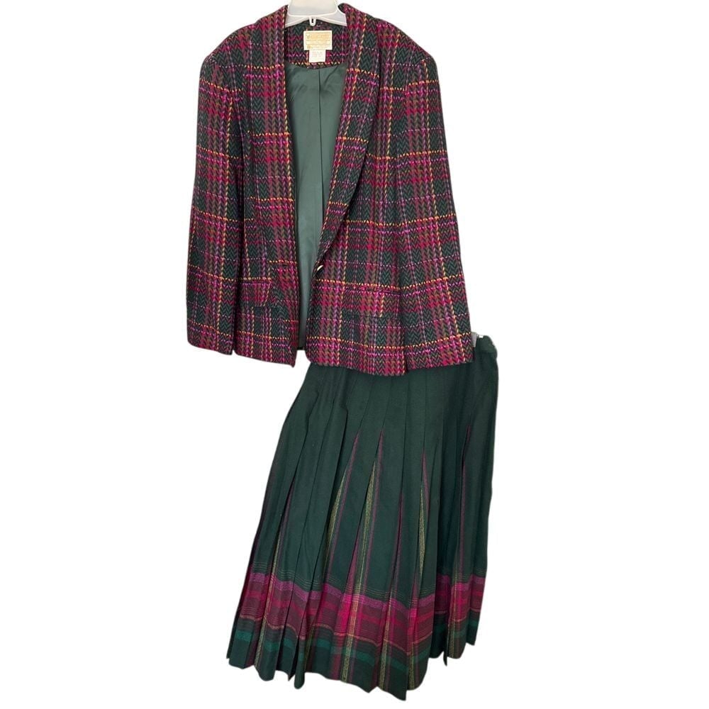 Vintage Pendleton Tweed Blazer & Skirt 100% Virgin Wool Red Green Women's 12t