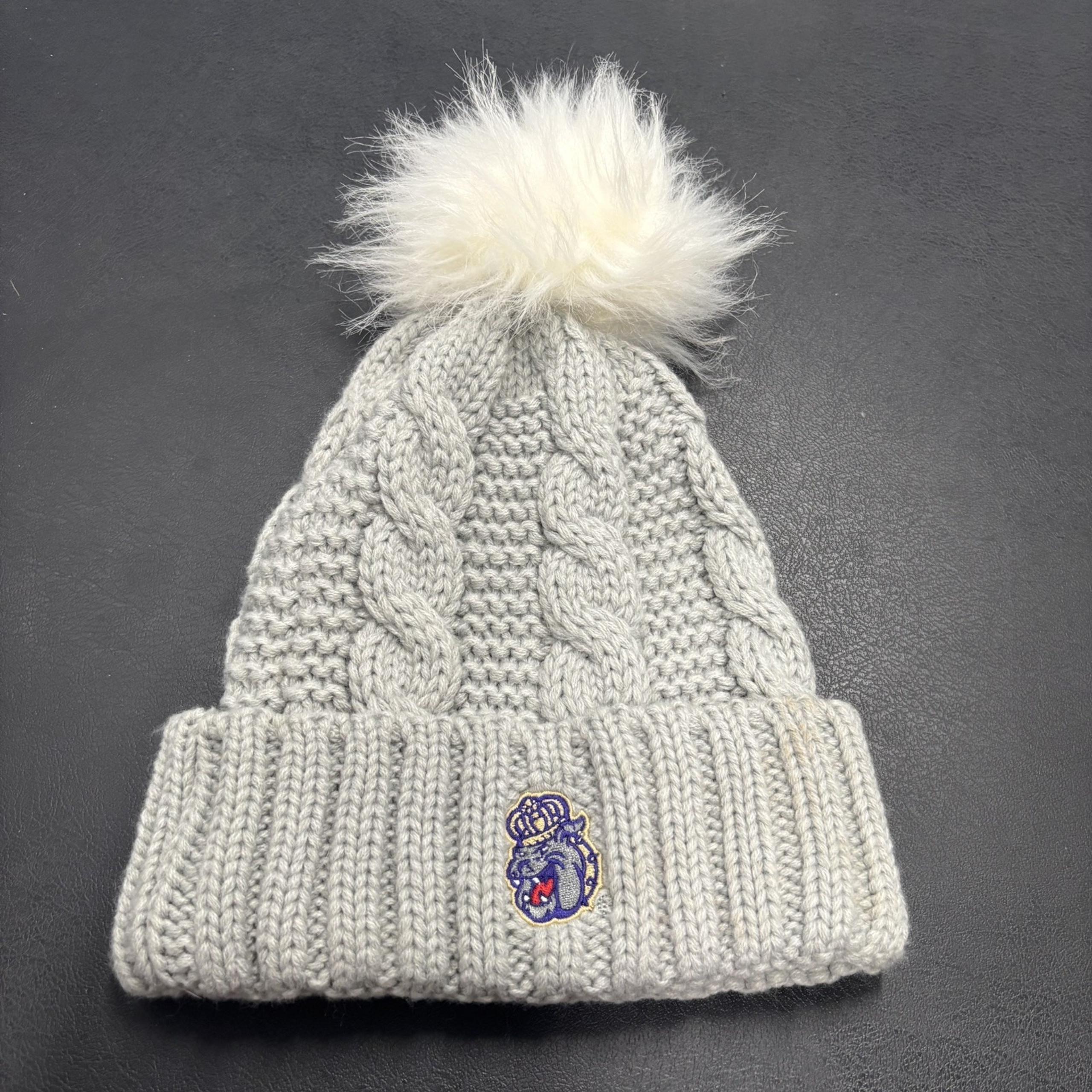 James Madison University Women's Beanie Hat Winter Gray Puff Ball JMU Knitted