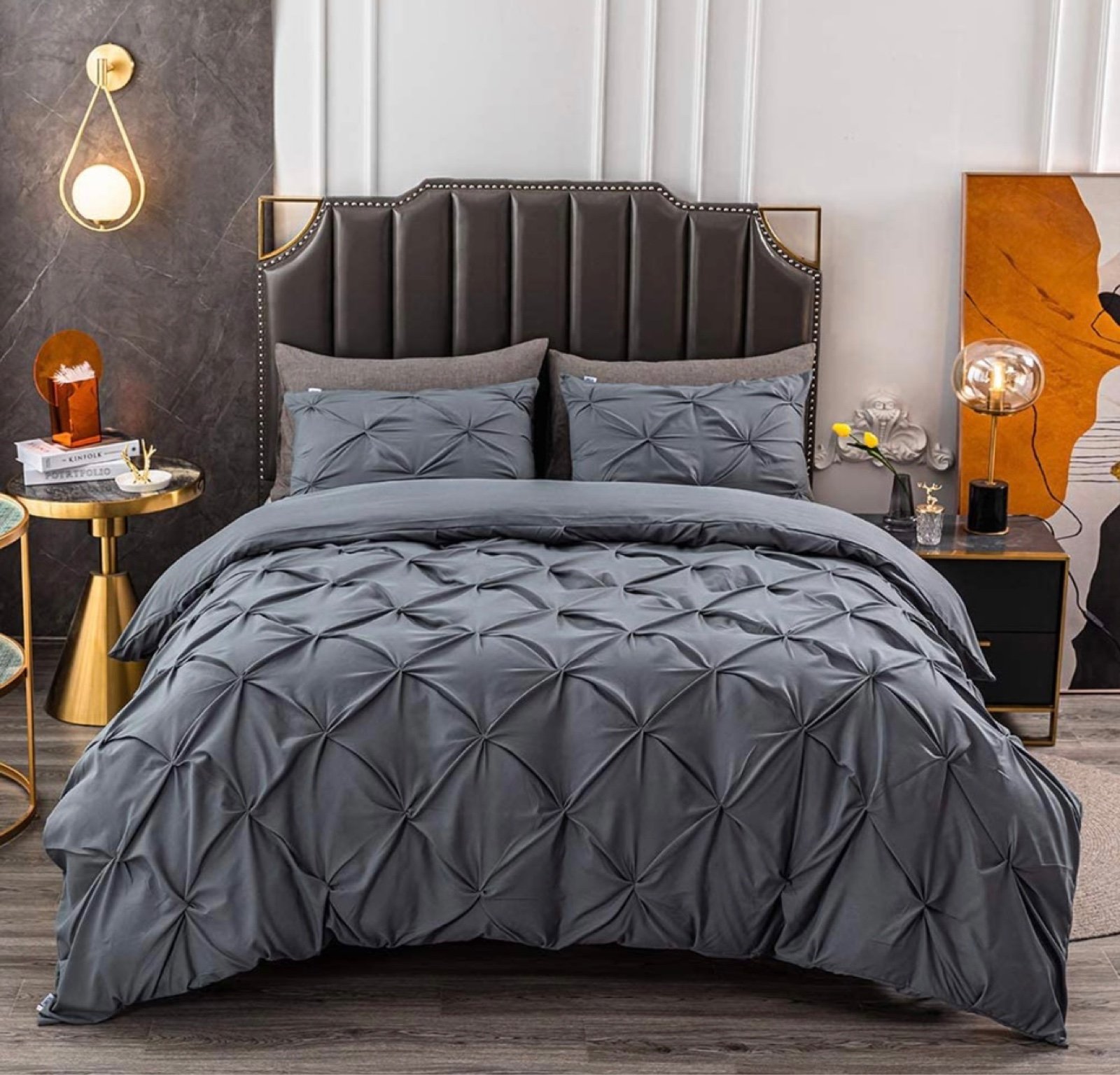 White 3 Piece Pinch Pleated Duvet Cover with Zipper Closure