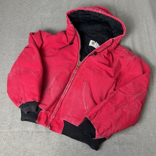 Vintage Carhartt Hooded Active Jacket Thrashed Faded Red XL Boxy Fit 90s J130