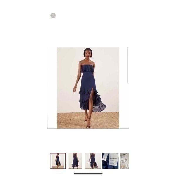 Reformation Women’s Size 12 Indy Dress Blue Strapless Ruffle Layered Maxi