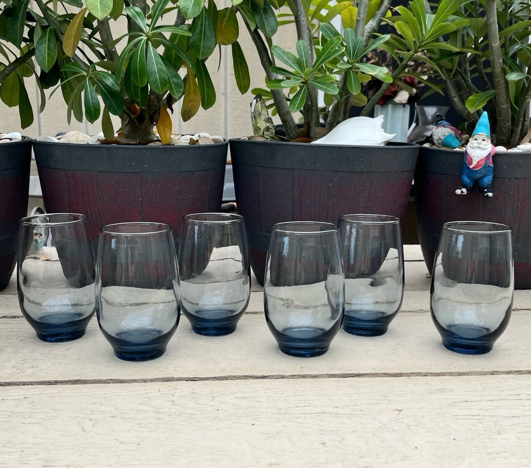 Vintage Set of 6 Libbey Footed Tumblers~Blue Tempo 10oz