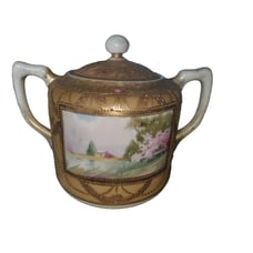 Nippon hand painted Gold Encrusted Beaded Sugar Bowl: water, house, cherry bloom