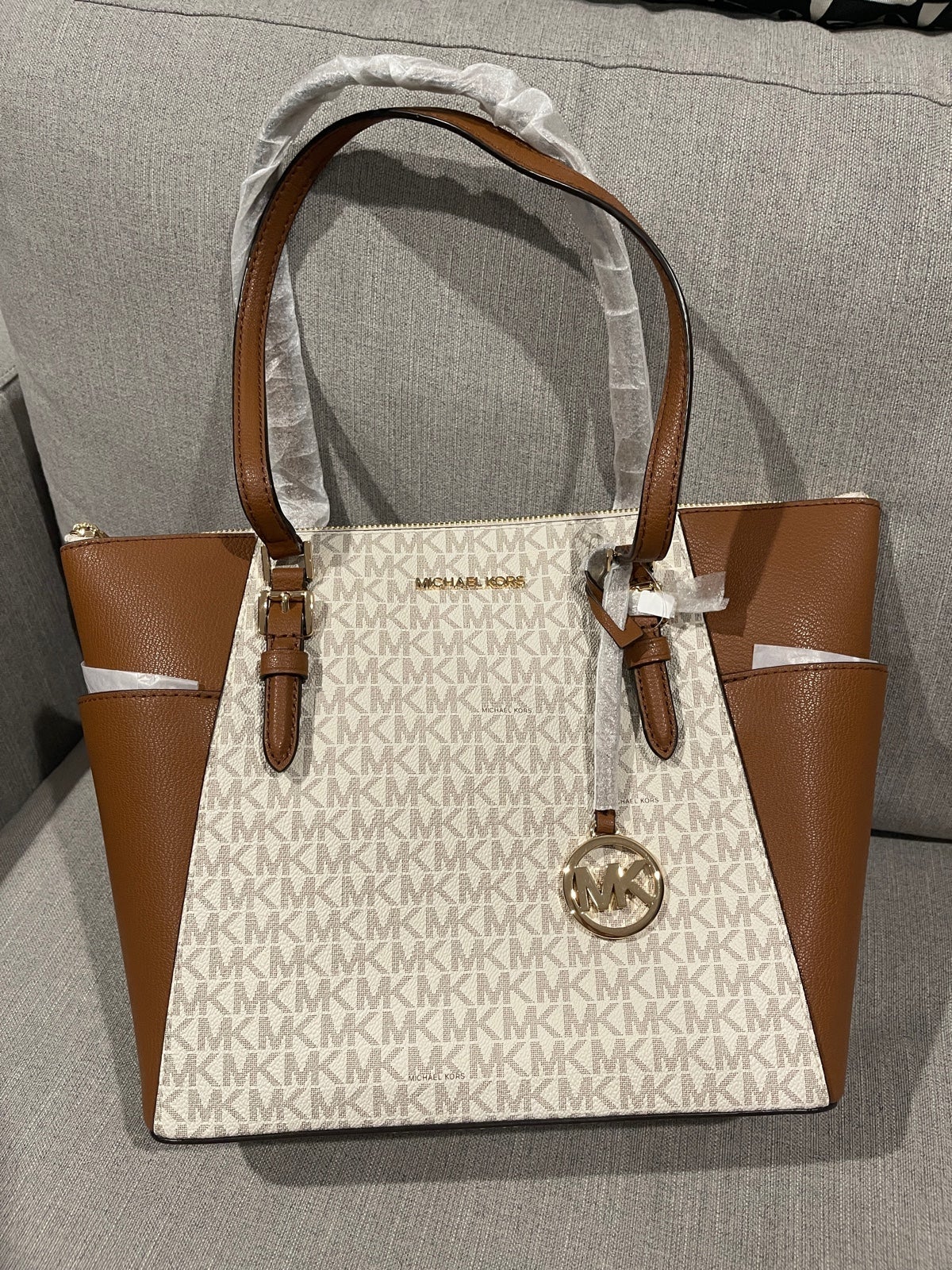 Michael Kors Charlotte Large Logo and Leather Top-Zip Tote Bag