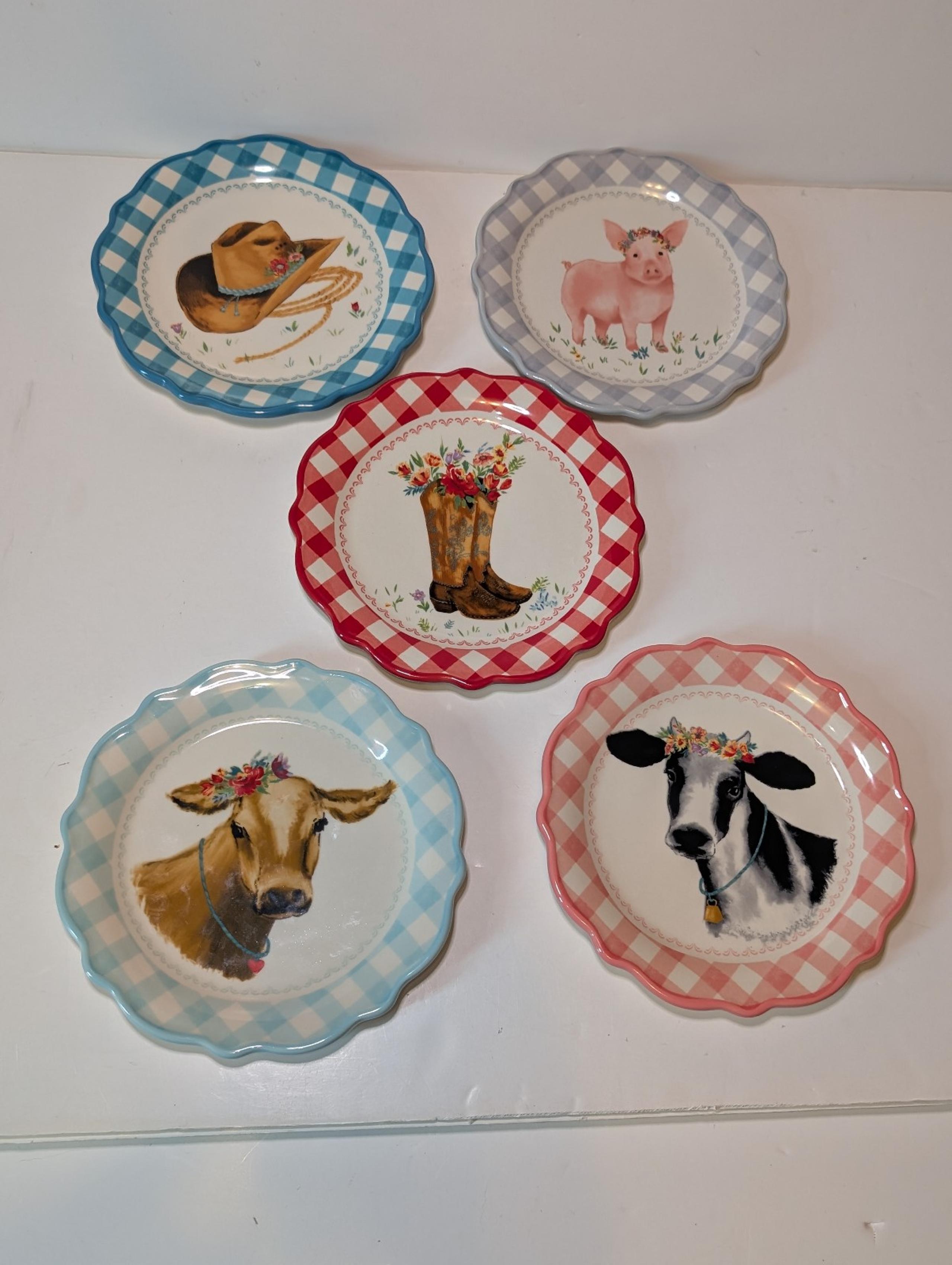 Pioneer Woman Gingham Farm Animals Cowboy Cow Pig Appetizer Plates New Set of 5