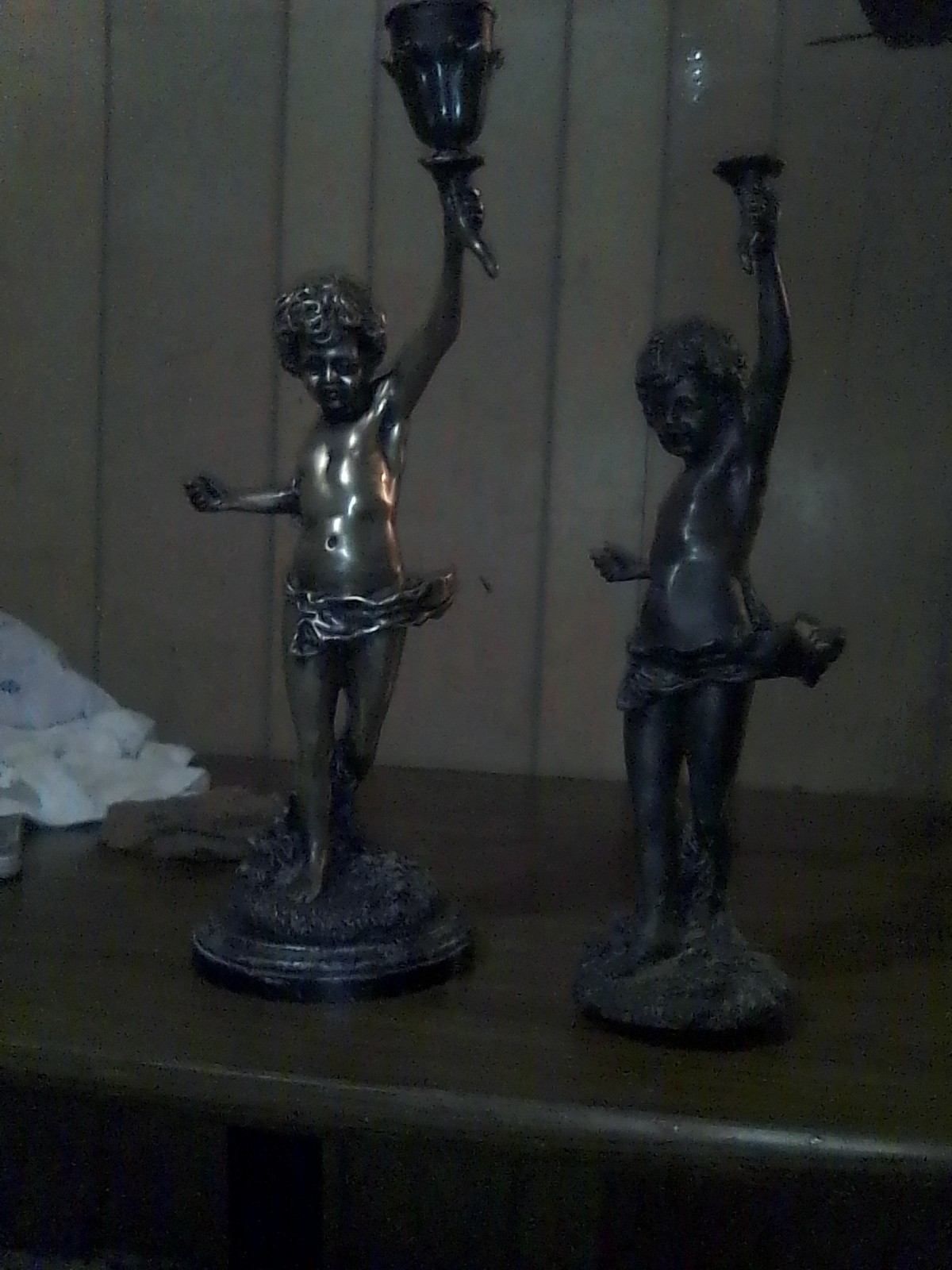 Antique French solid brass sculptural candle holders