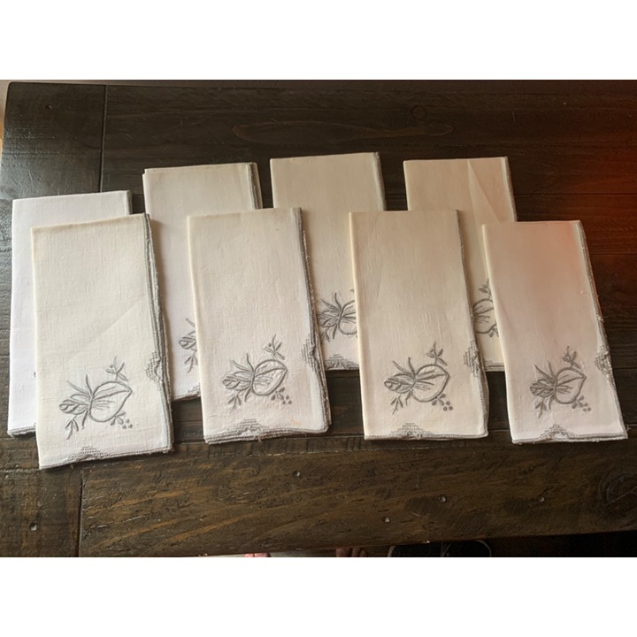 Set Of 8 Vintage Embroidered Rosebud Floral Cutout Linen Napkins Cream Gray