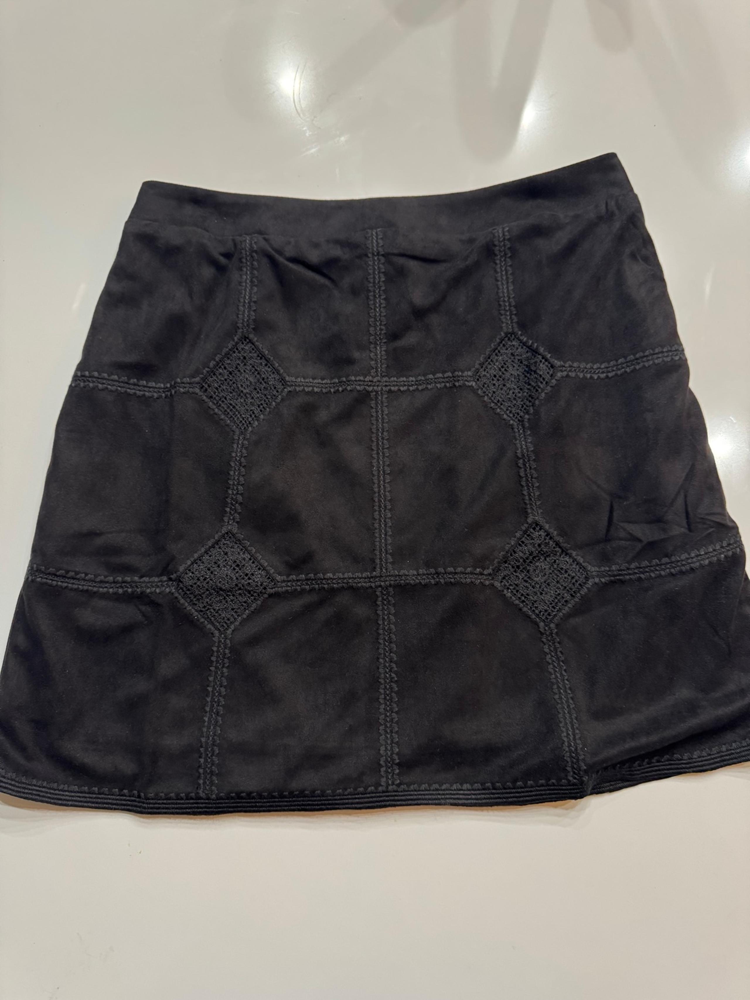 Skirt Skies are blue, medium black skirt with embroidered accent