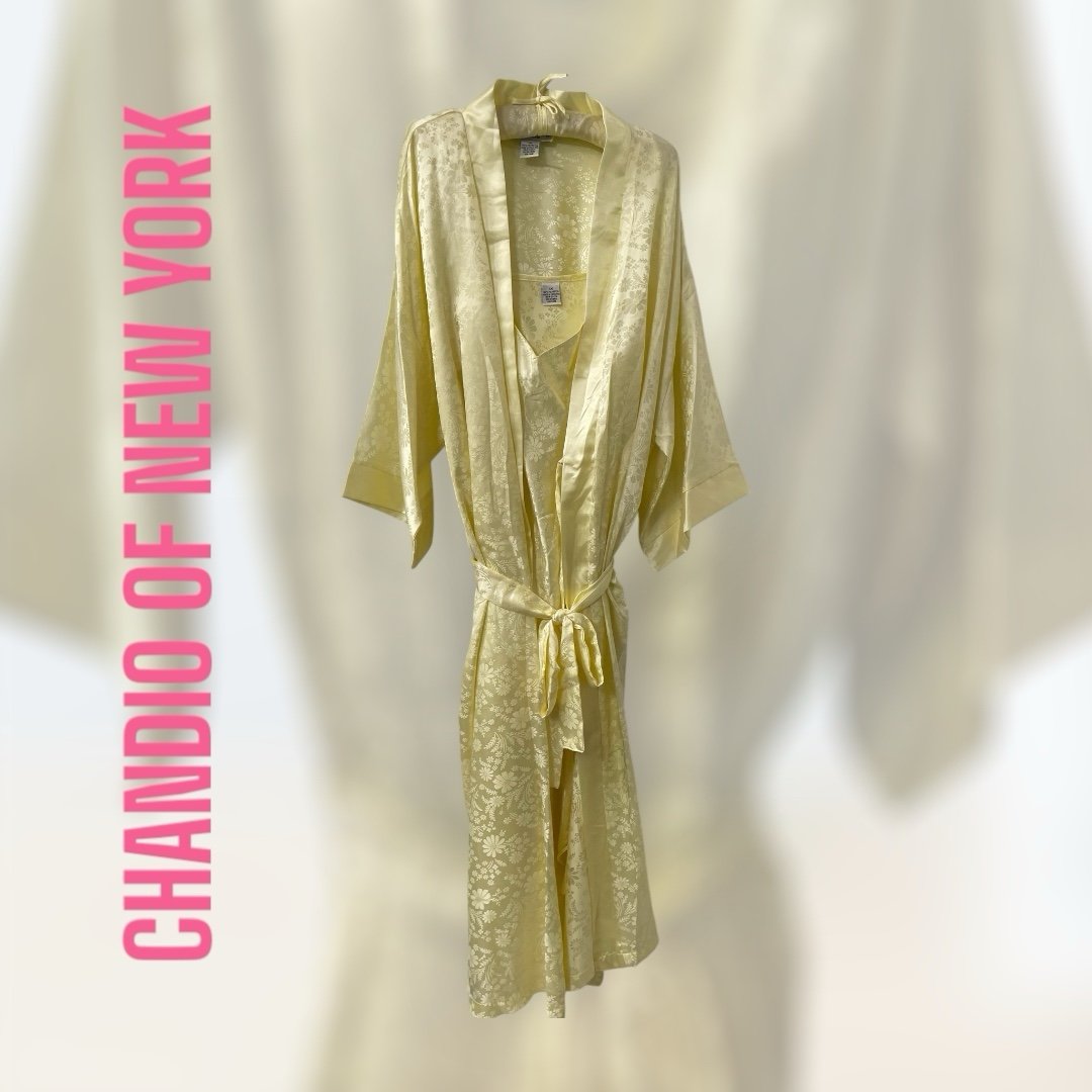 NEW 2PC VNTG Light Yellow Floral Pattern Satin 3/4 Sleeve Long Robe & gown SZ:1X