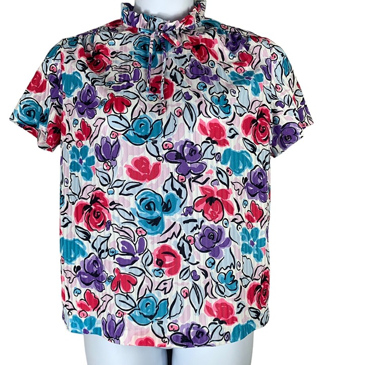 Vintage Blouse Size Large Multicolor Floral Short Sleeve Tie Neck Shirt Graff