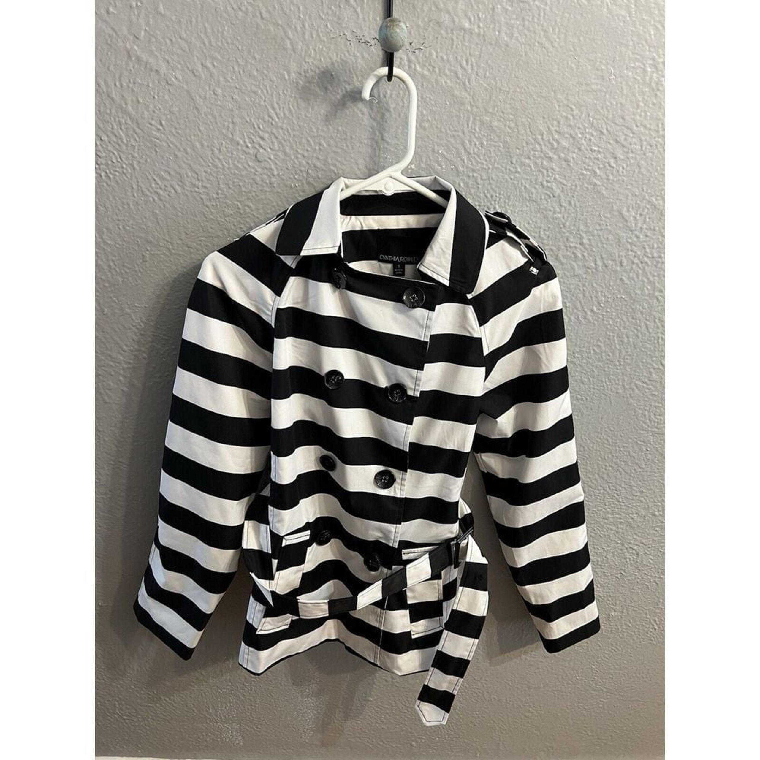 Cynthia Rowley Women's Jacket Black White Striped Belt Button Up