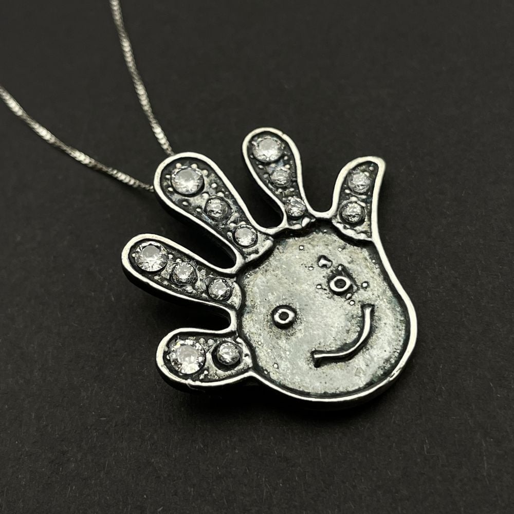 Sterling Silver Smiley Hand CZ Pendant Necklace Fun Artisan Oxidized Silver