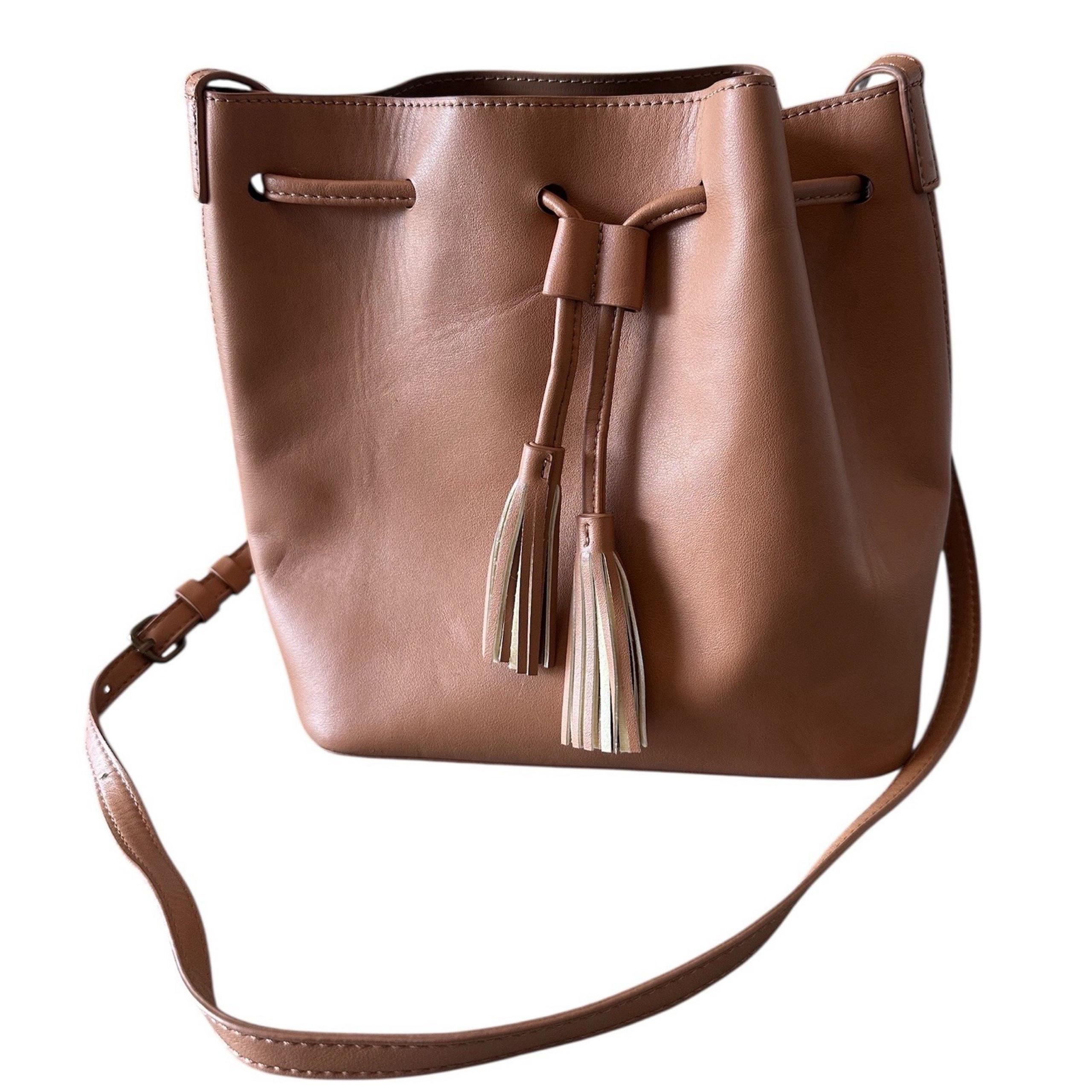 J.Crew Faux Cognac Tan Faux Vegan Leather Drawstring Bucket Bag Tote Purse