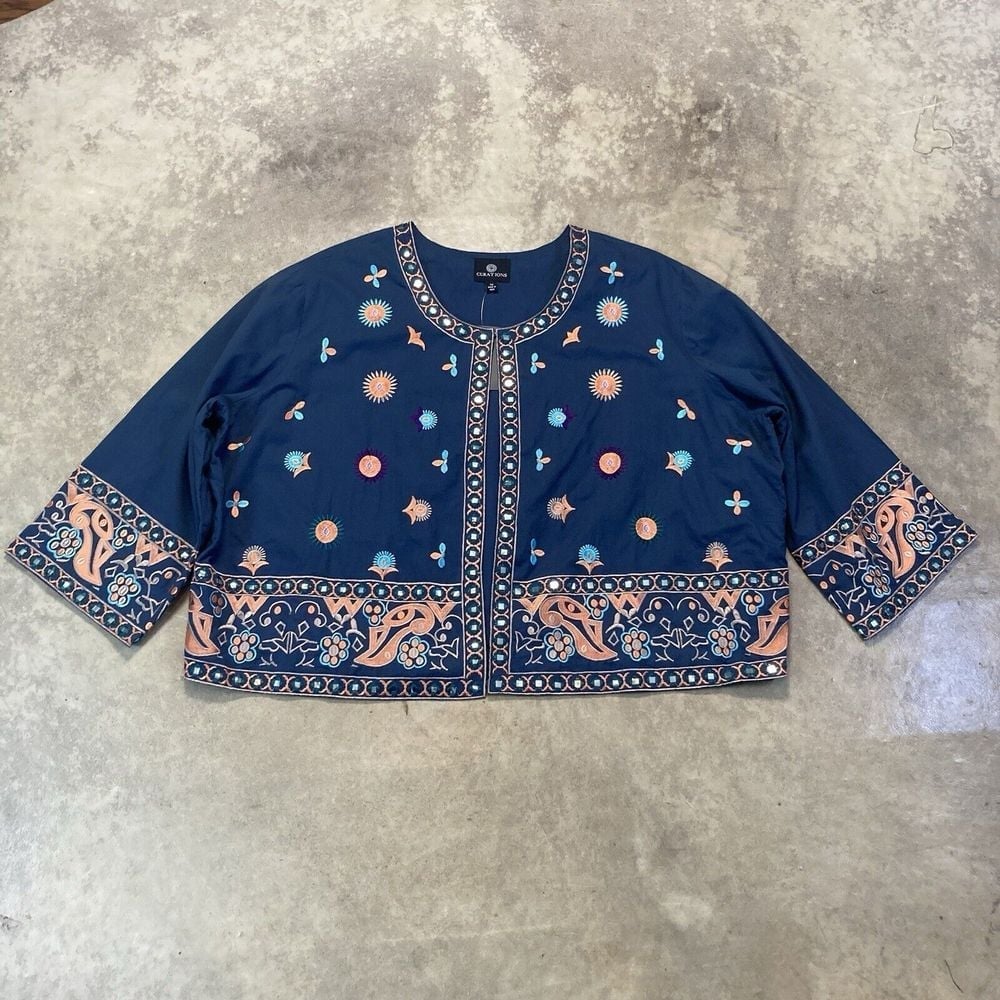 Curations Jacket Womens 3X Blue Embroidered Boho Lightweight Cropped