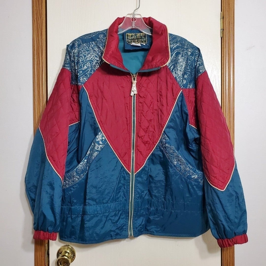 Vtg East West Wind Suit Track Jacket Pants Sz Medium Burgundy Teal Blue FLAWED