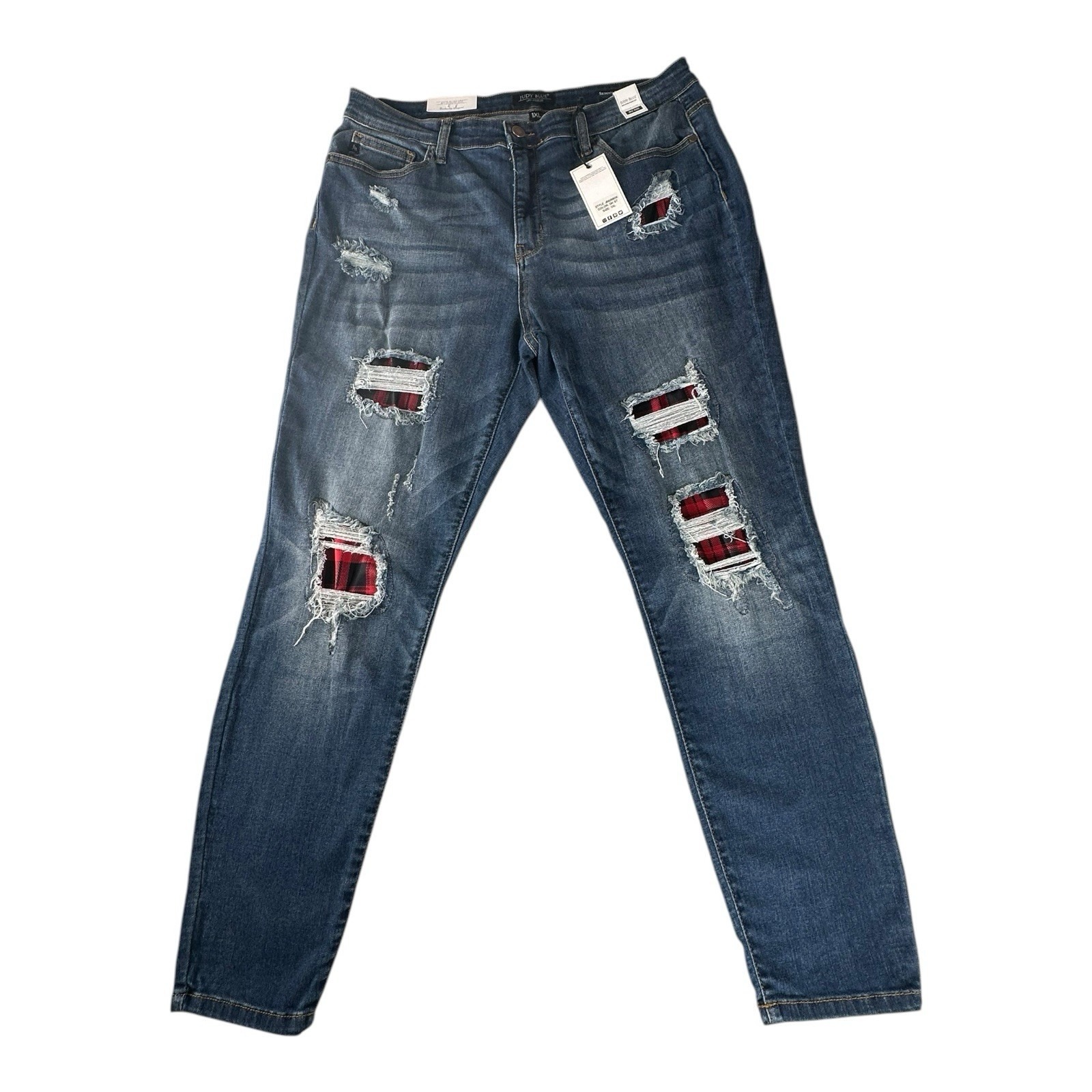 Judy Blue Buffalo Plaid Patch Skinny Jeans Size 1XL Measures 34x28 JB8268DK
