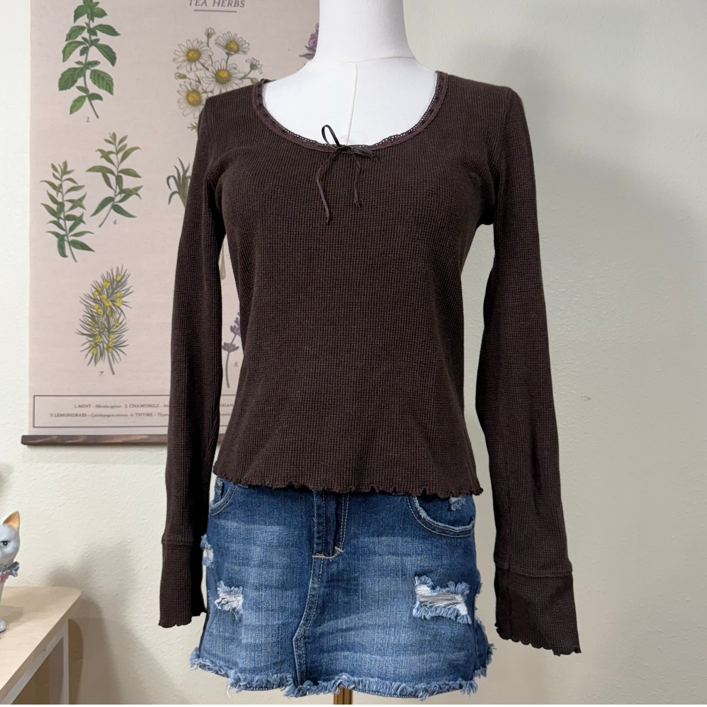 Y2k Lettuce Hem Ribbon Tie Thermal Top Fairy Grunge Vanilla Girl Coquette S M
