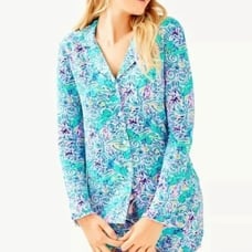 Lilly Pulitzer Long Sleeve Button Up Pajama Top Melon Fig Tint Monkey Sea XS