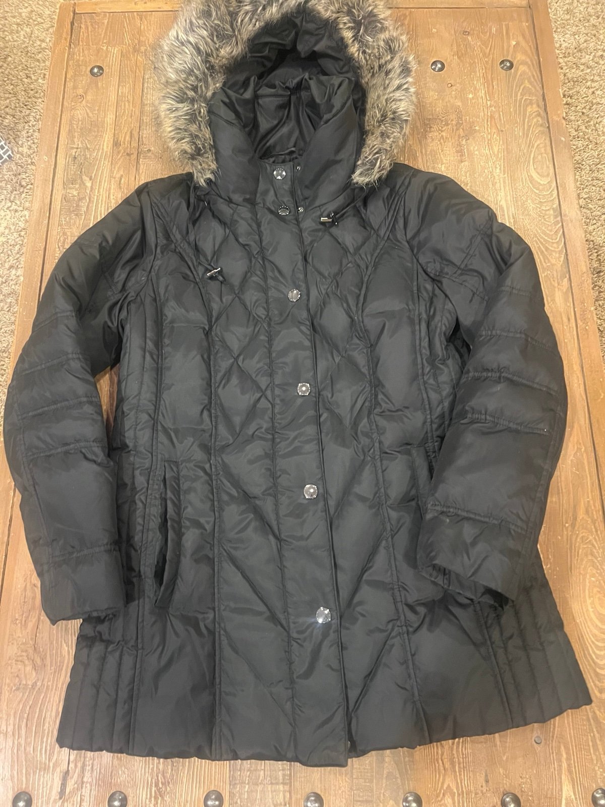 London Fog Women’s Puffer Down Coat Zip Front Removable Faux Fur Hood Size M