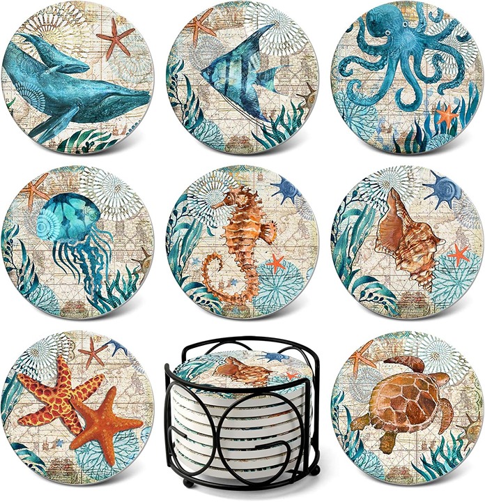 Absorbing Stone Sea Ocean Life Coasters for Drinks set of 8